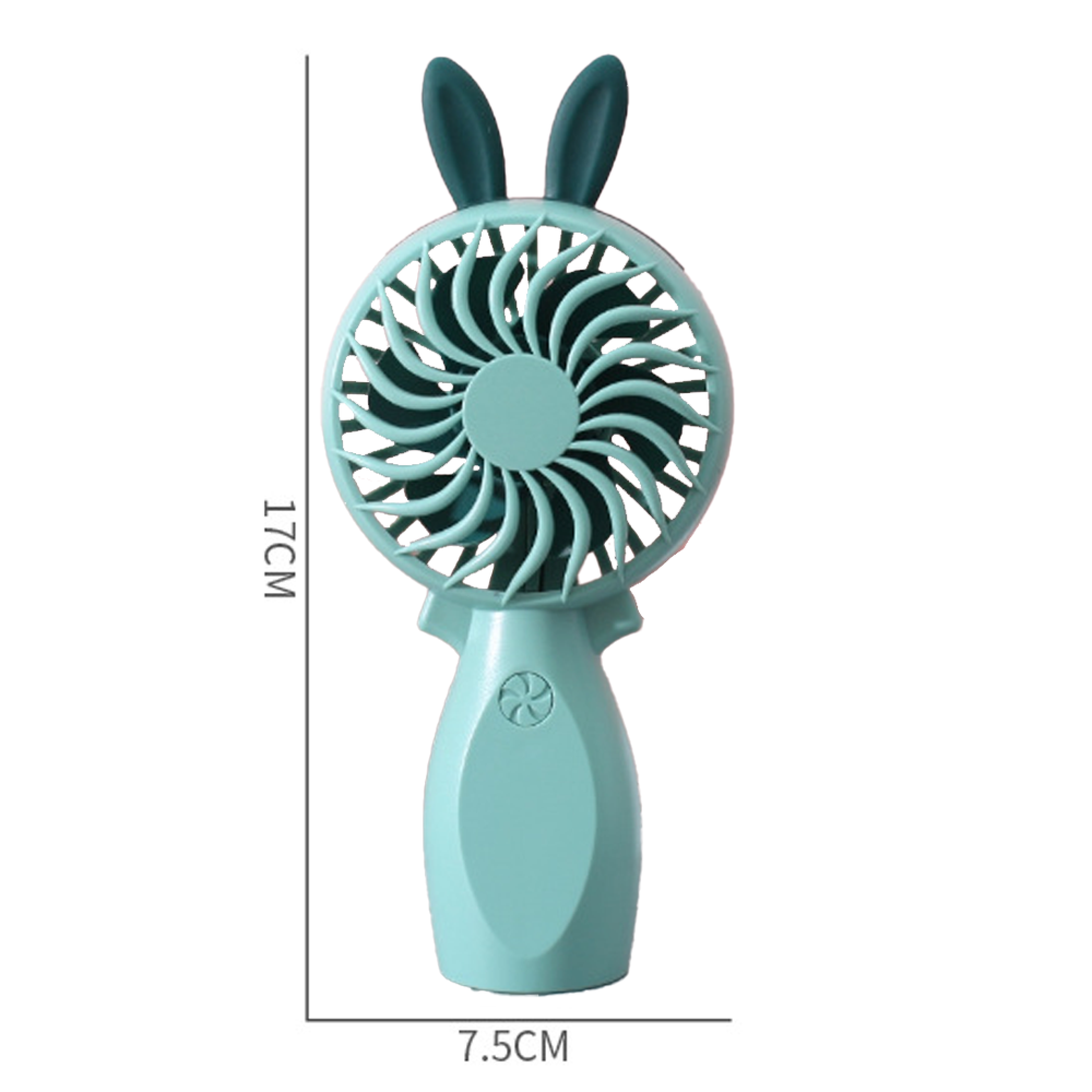 Ein türkisfarbener Mini-Ventilator mit Hasenohren und Anzeige der Maße 17cm x 7,5cm.