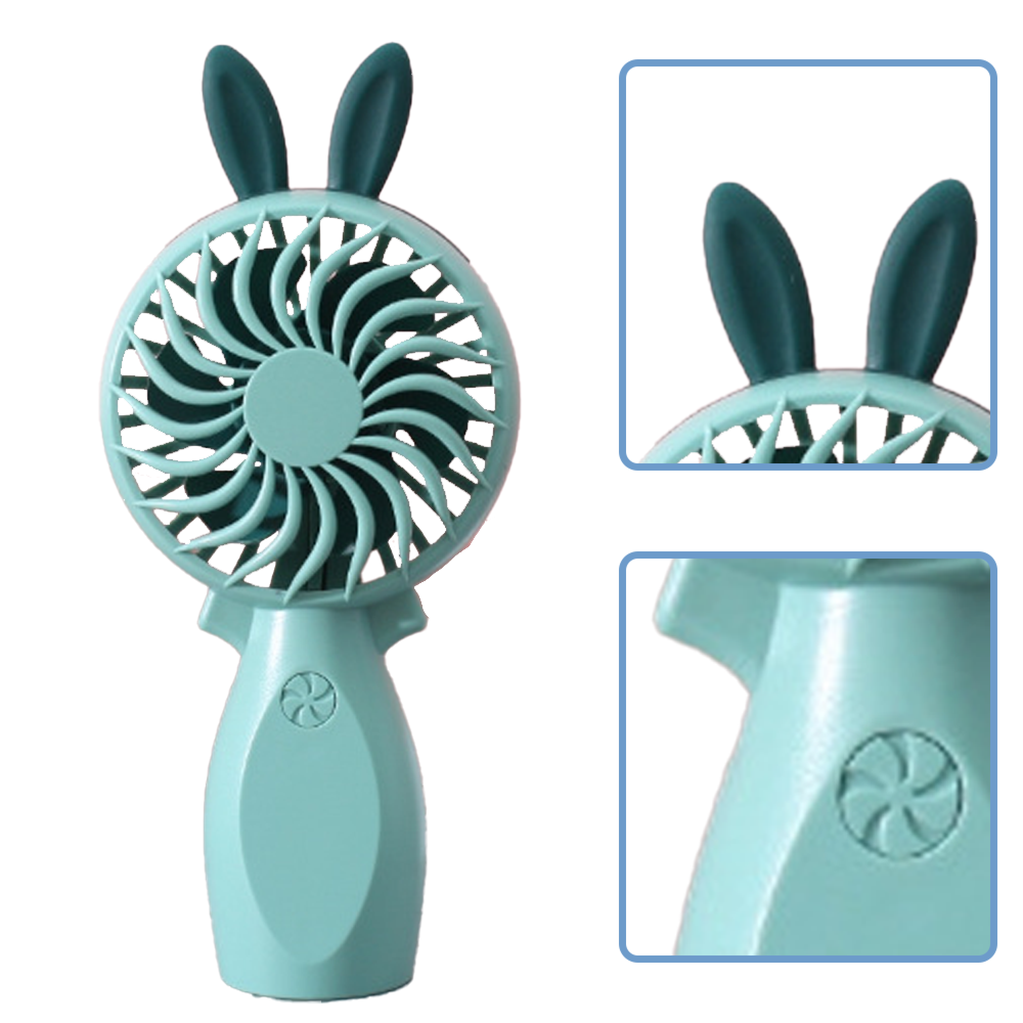Ein türkisfarbener Handventilator mit Hasenohren und blauen Akzenten.