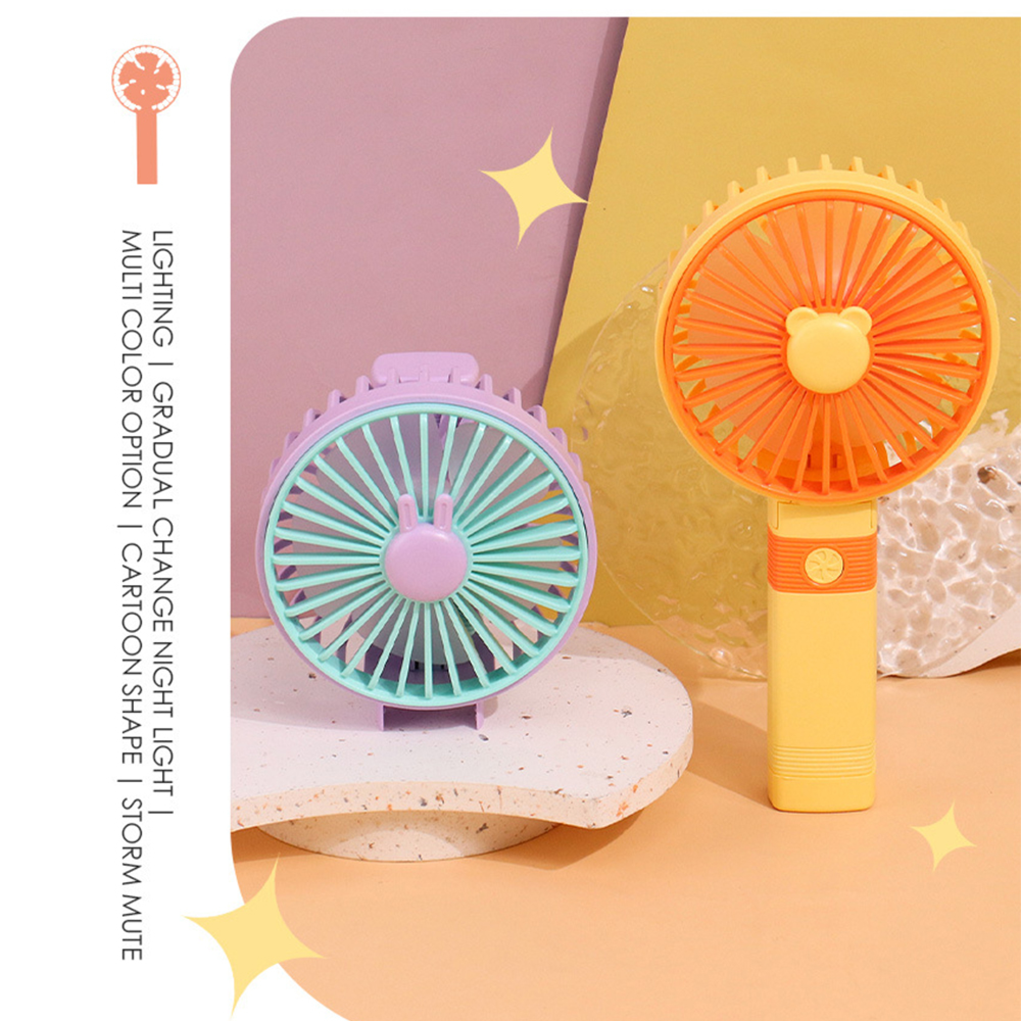 Zwei bunte Mini-Ventilatoren: einer lila/mint, einer gelb/orange.
