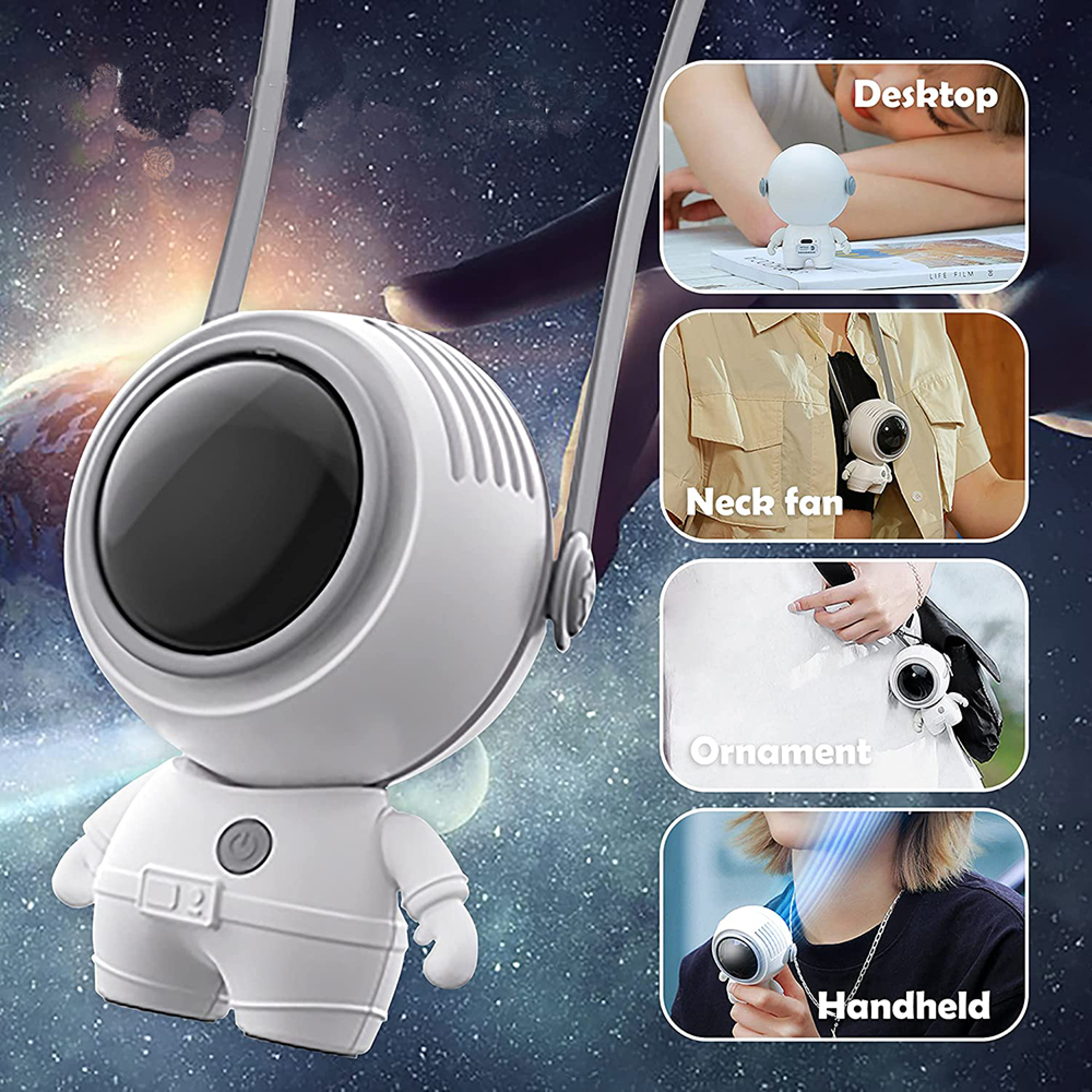 Weißer Astronautenventilator als Desktop-, Nacken-, Schmuck- und Handgerät.