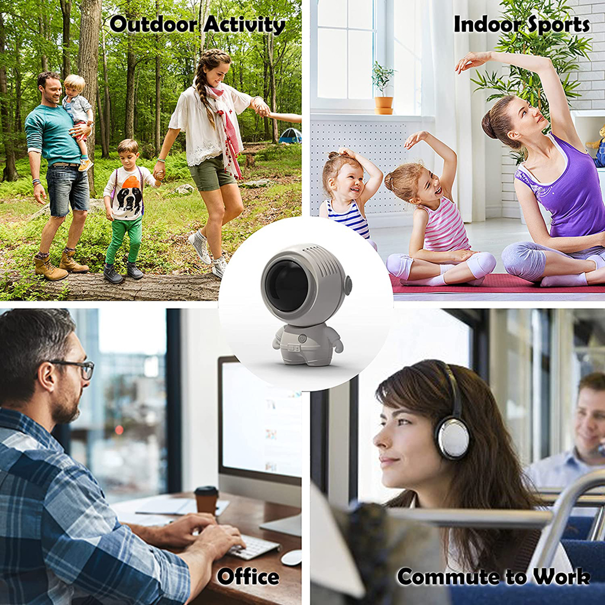 Collage: Familie im Wald, Mutter & Kind Yoga, Roboter, Mann im Büro, Frau im Zug.