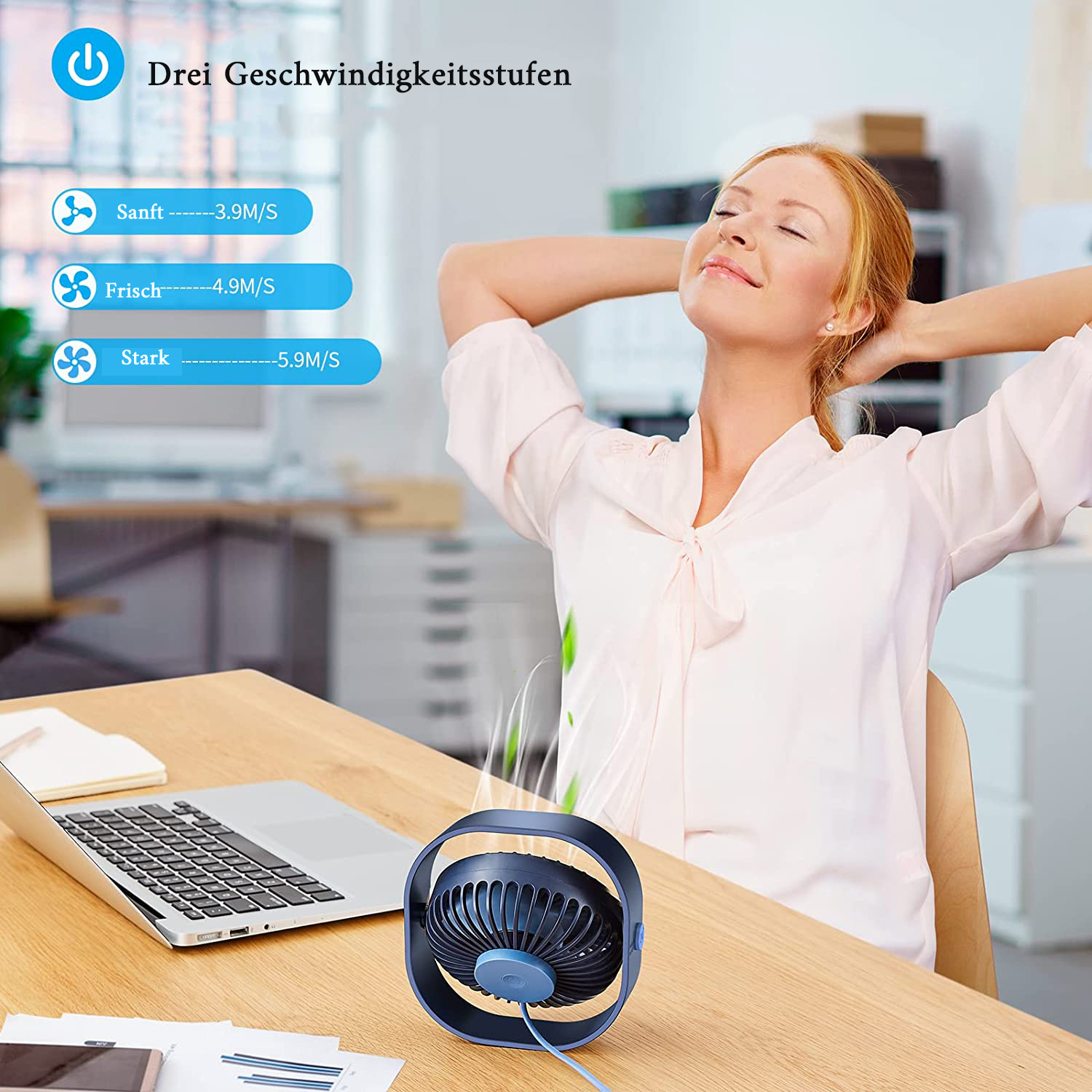 Frau entspannt sich vor einem Ventilator mit drei Geschwindigkeitsstufen. Sanft, Frisch, Stark.