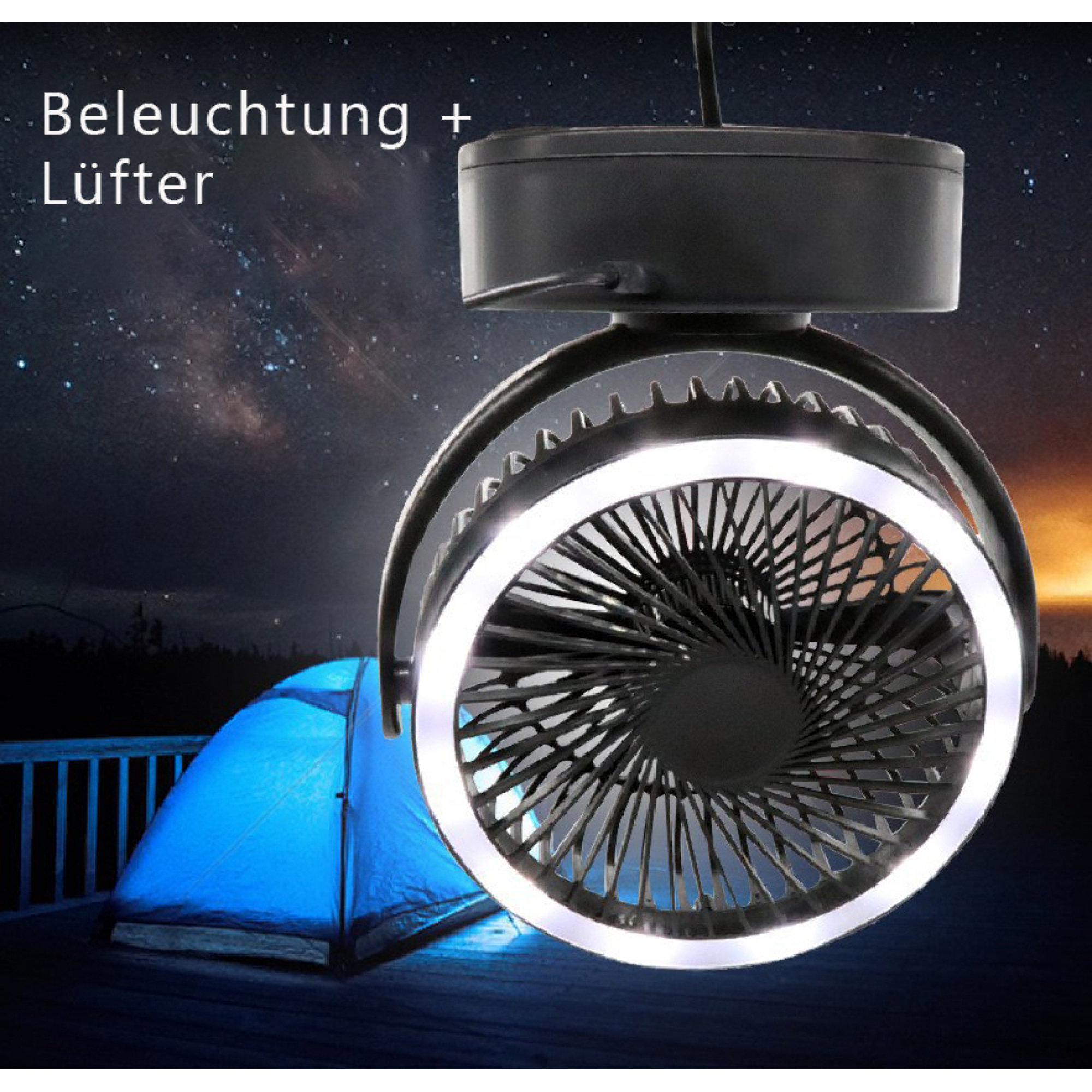 Ein Camping-Ventilator mit Licht hängt über einem blauen Zelt bei Nacht.