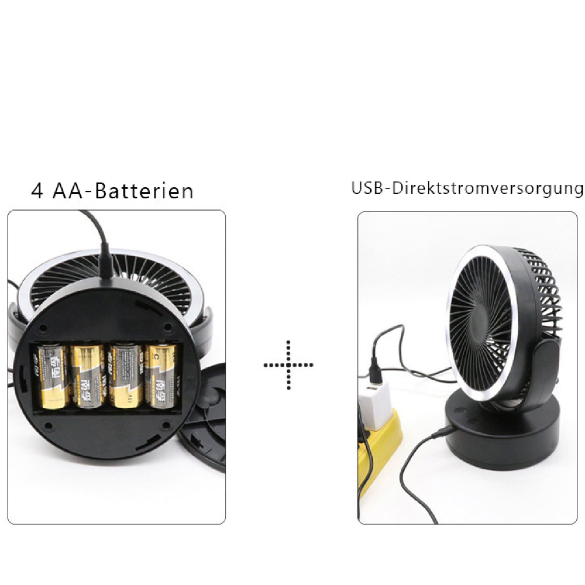Ein Ventilator mit 4 AA-Batterien und ein Ventilator mit USB-Stromversorgung.