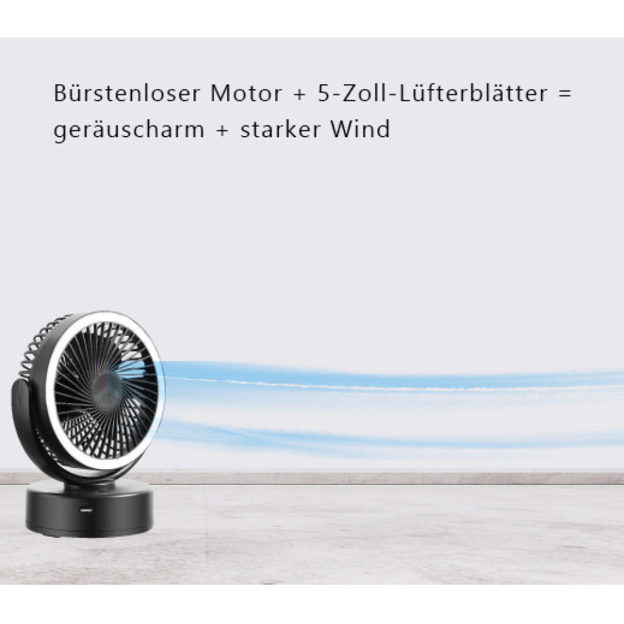 Schwarzer Ventilator mit 5-Zoll-Lüfterblättern auf einem Sockel, der Wind erzeugt.