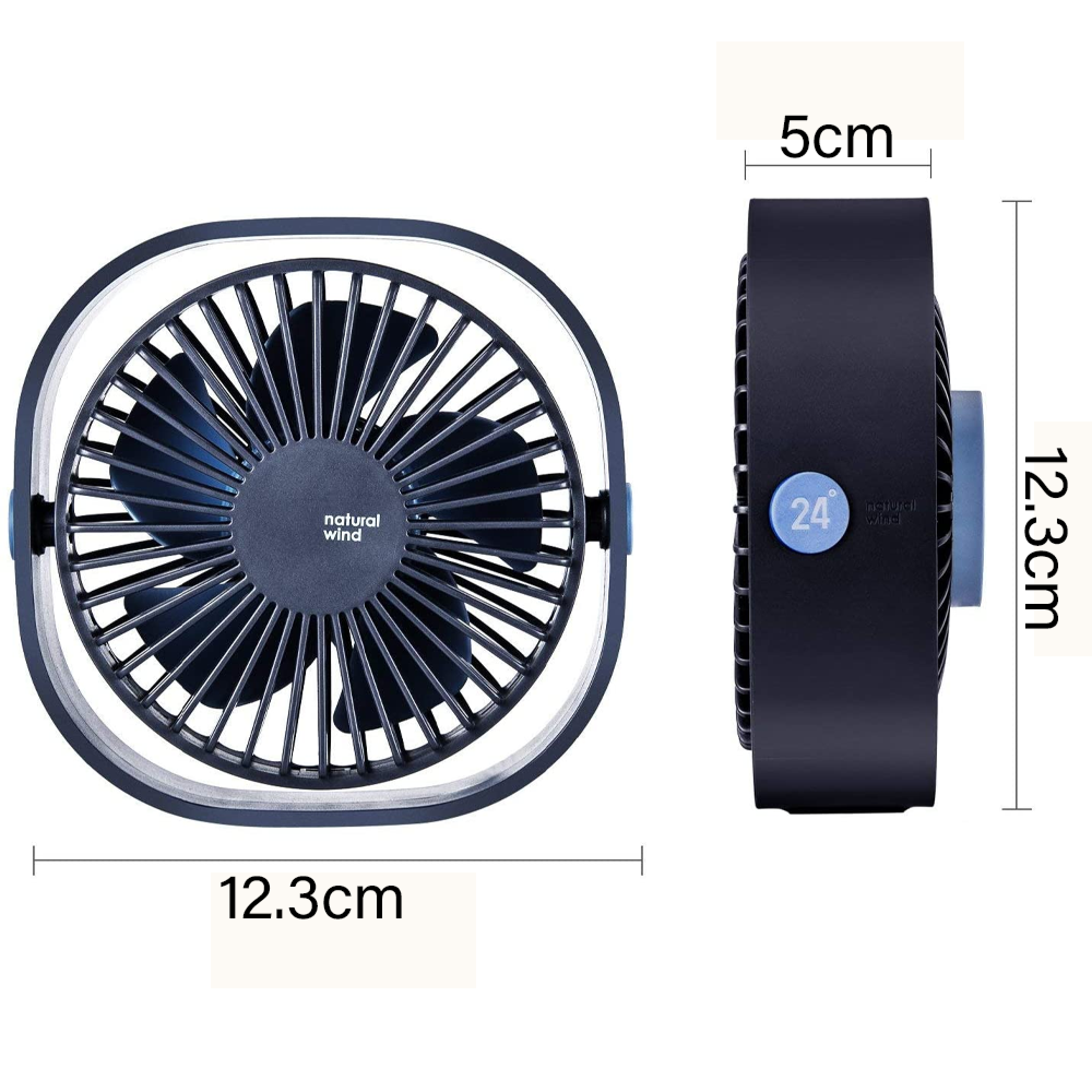 Ein schwarzer tragbarer Ventilator von vorne und der Seite gezeigt, Maße 12,3cm x 5cm.