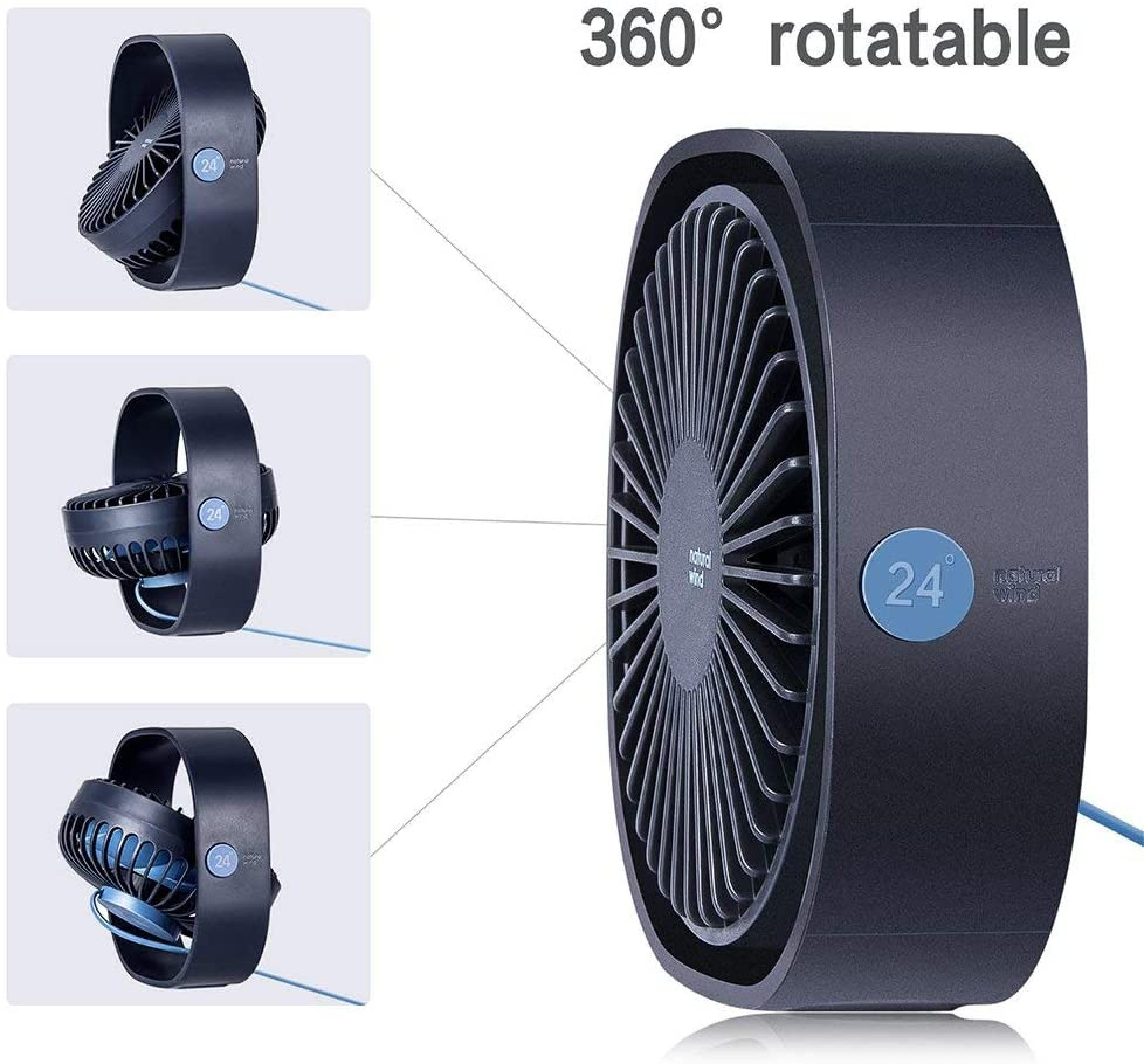 Ein dunkler, rotierender Ventilator mit blauem "24"-Aufkleber auf der Seite.