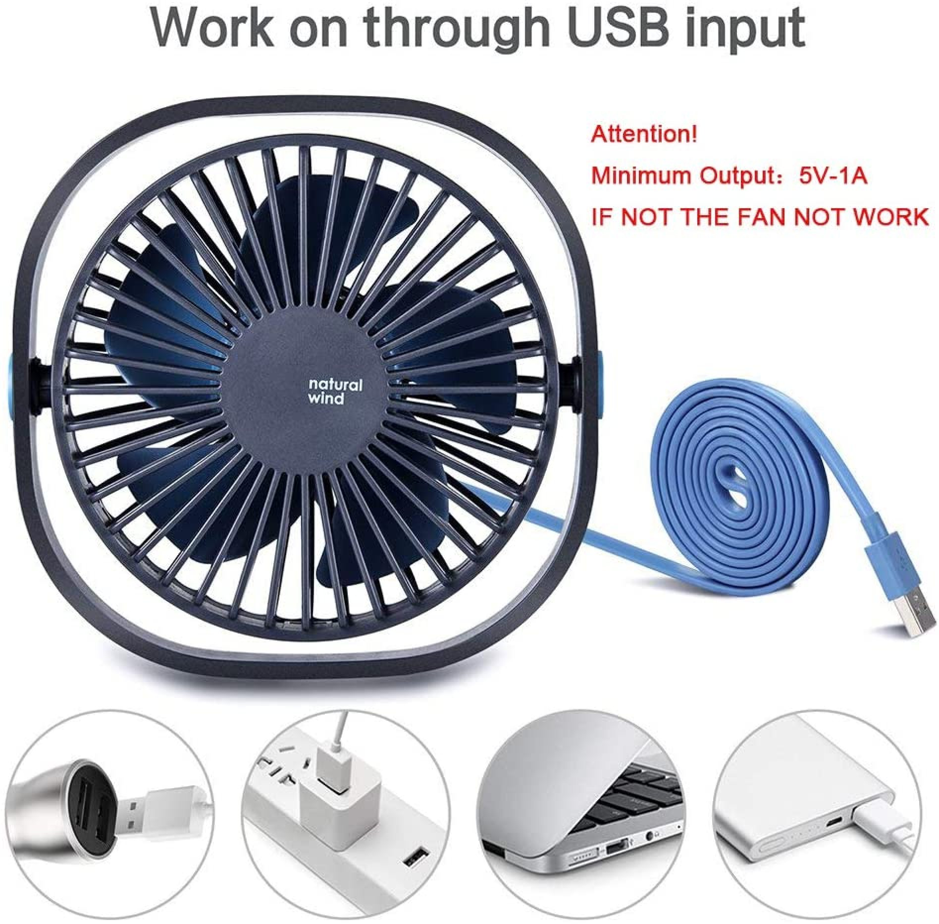 Ein USB-Ventilator mit blauem Kabel und mehreren Anschlussoptionen.