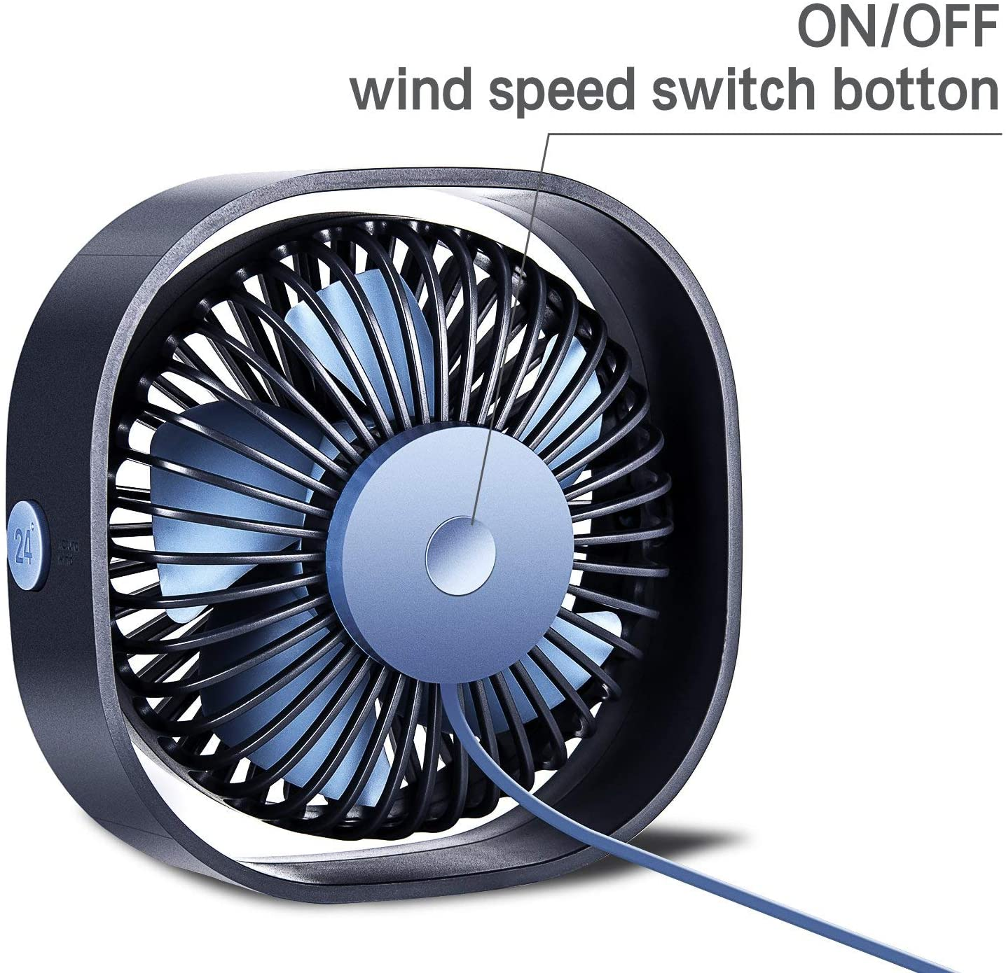 Schwarzer tragbarer Ventilator mit blauen Flügeln und blauem Netzkabel. Hat eine Taste mit der Aufschrift '24'.
