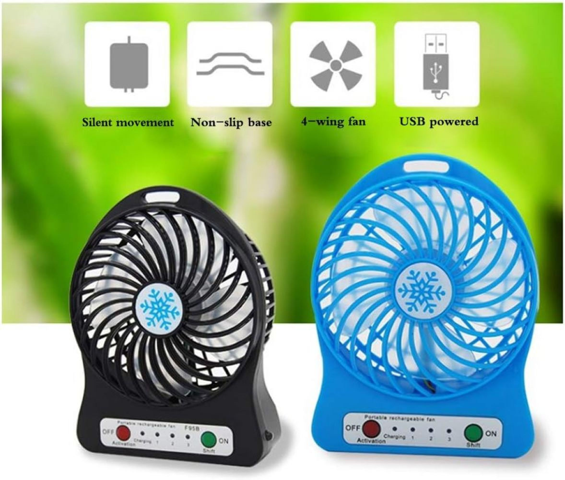 Zwei tragbare Ventilatoren, schwarz und blau, mit Symbolen für leise Bewegung, rutschfeste Basis, 4 Flügel, USB.