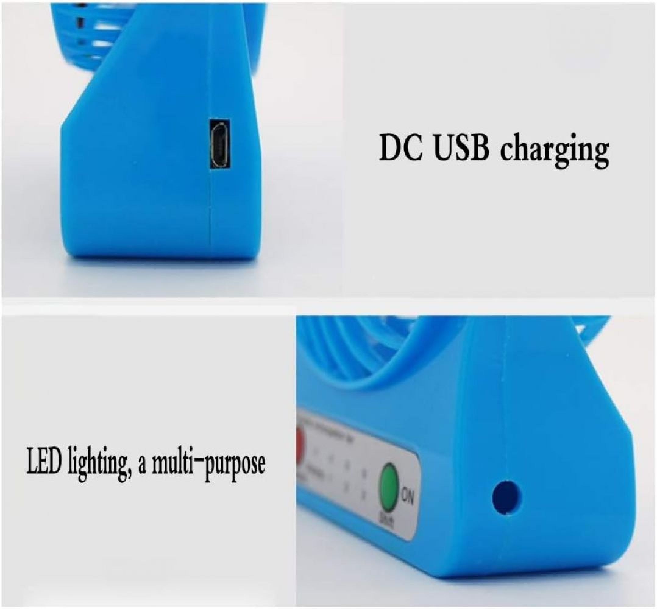Blauer Ventilator mit DC-USB-Ladeanschluss und LED-Beleuchtung.