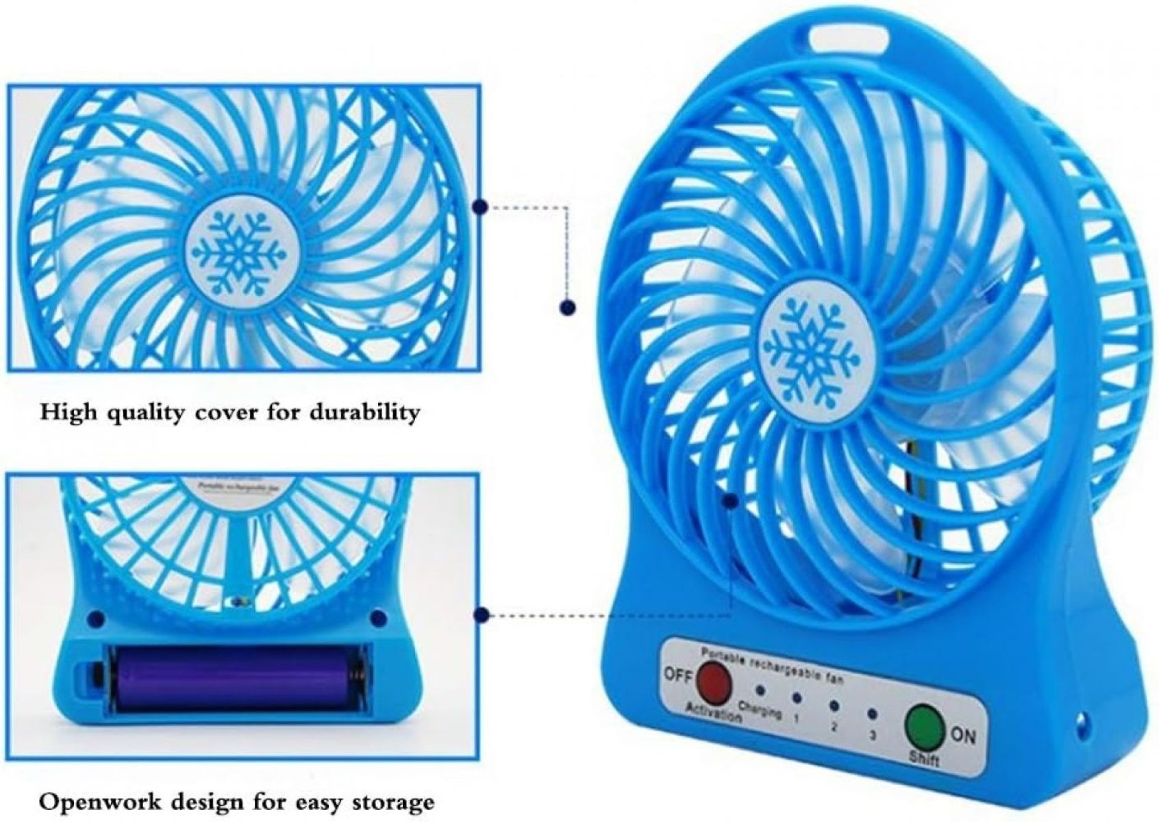 Blauer Ventilator mit Lüfterblättern, Schneeflocken-Symbol und Bedienelementen.