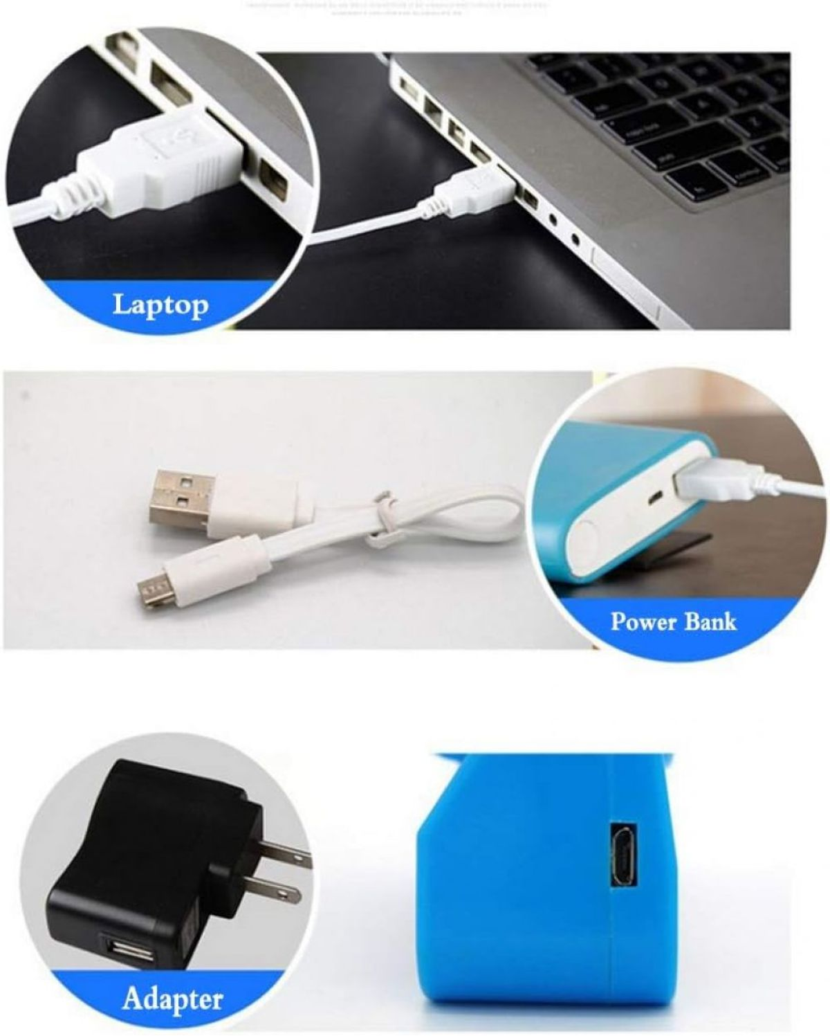 Ein USB-Kabel verbindet einen Laptop, eine Powerbank und einen Adapter. Ein blaues Gerät ist zu sehen.