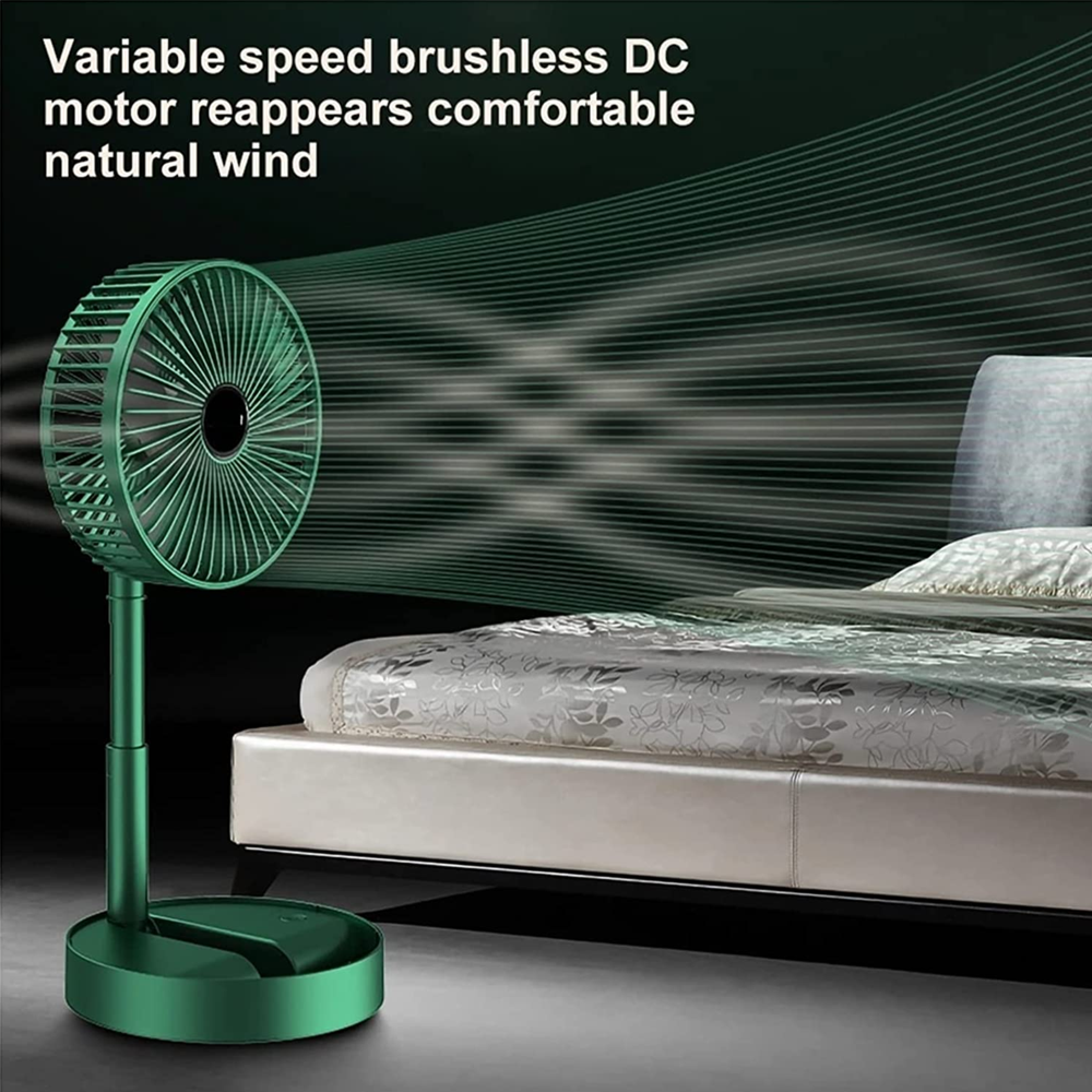 Ein grüner Ventilator steht neben einem Bett und erzeugt einen Luftstrom.