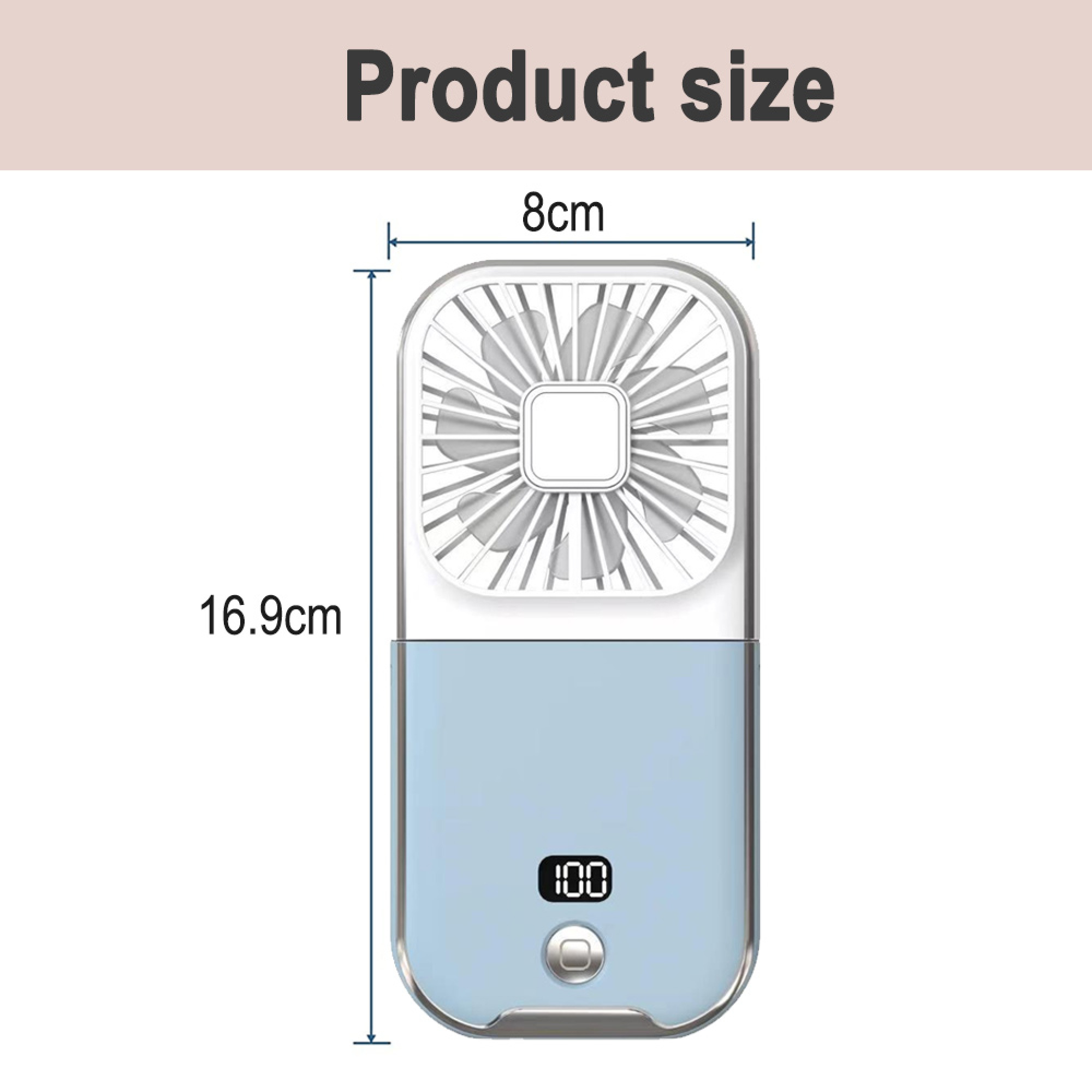 Ein tragbarer Ventilator, 16,9 cm hoch und 8 cm breit, mit blauer Basis und Lüfter.