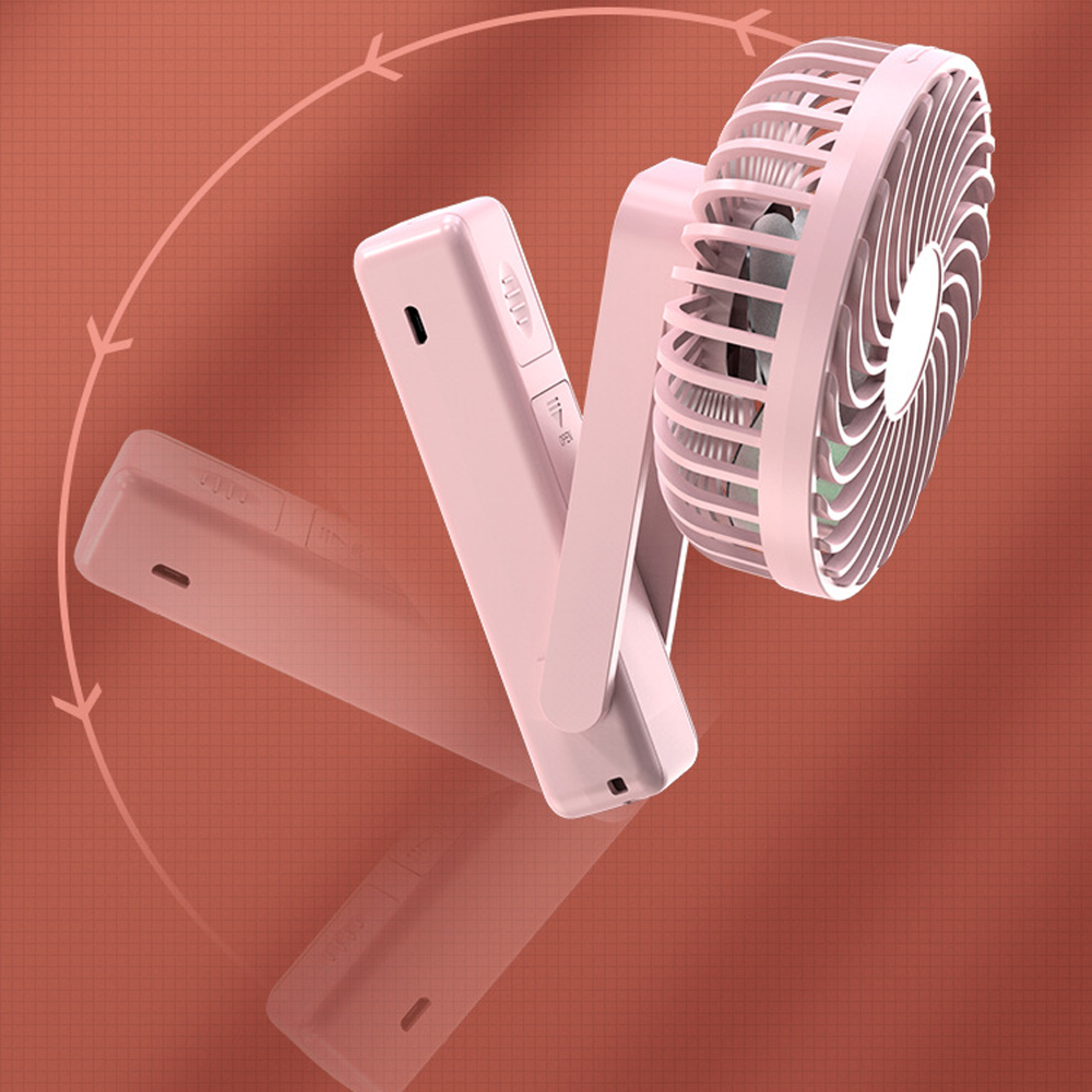 Ein rosafarbener, faltbarer Ventilator auf einem roten Gitterhintergrund mit Pfeilen.