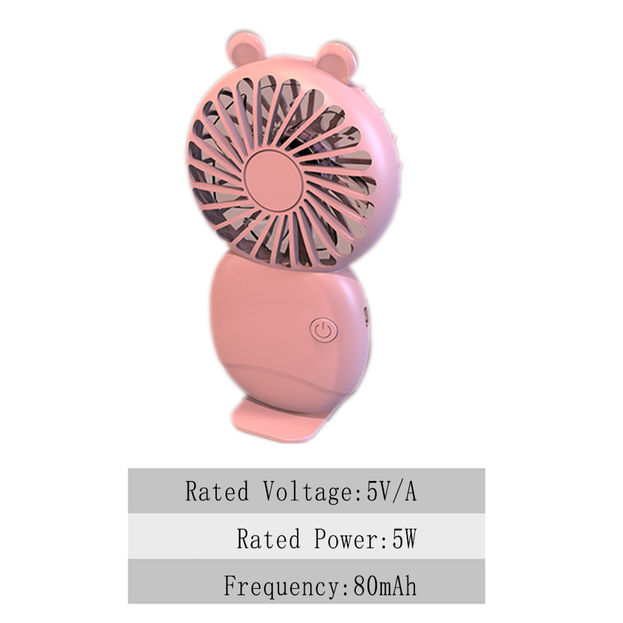 Ein rosa Mini-Ventilator mit Ohren und einem Power-Button. Spezifikationen: 5V/A, 5W, 80mAh.