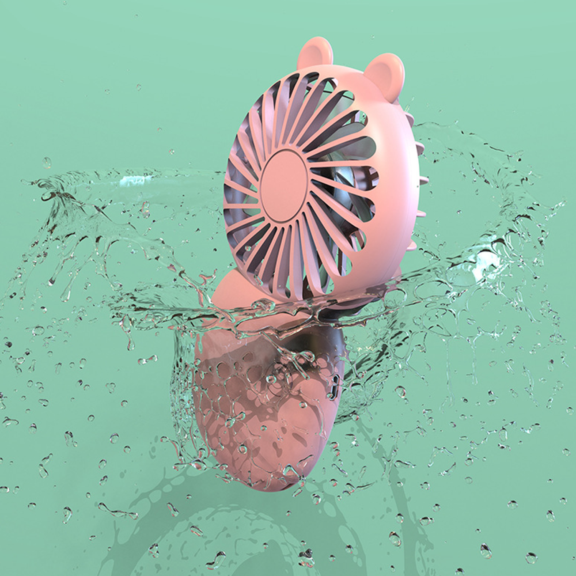 Ein rosafarbener Ventilator mit Ohren taucht in Wasser ein.