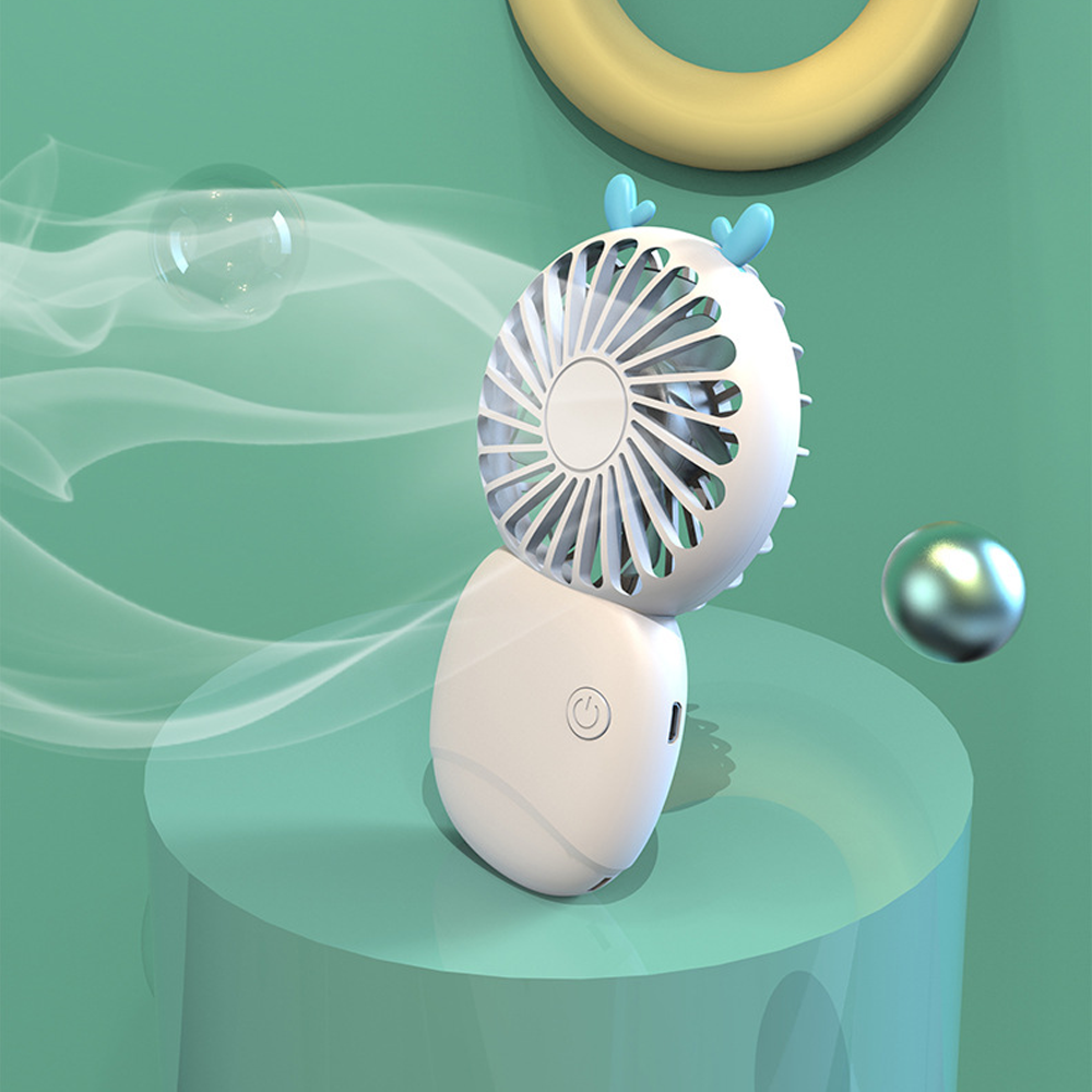 Ein weißer Ventilator mit blauen Hörnern steht auf einem Sockel, umgeben von Rauch und Kugeln.