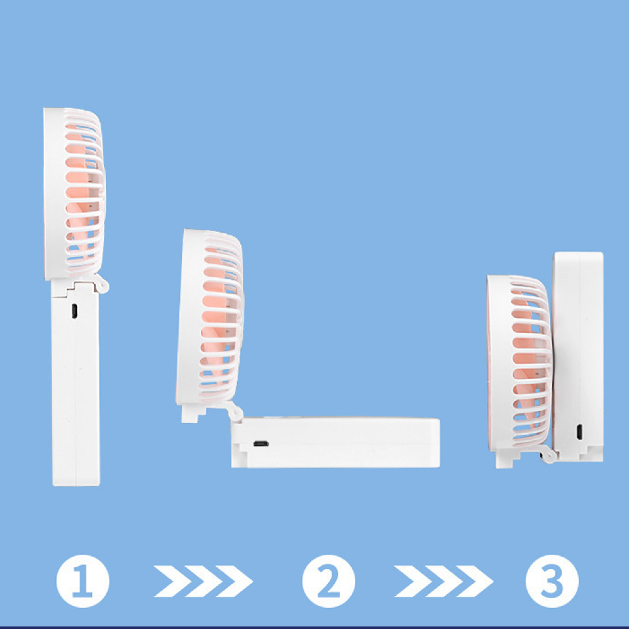 Ein weißer faltbarer Ventilator in drei Positionen: aufrecht, flach und geklappt.