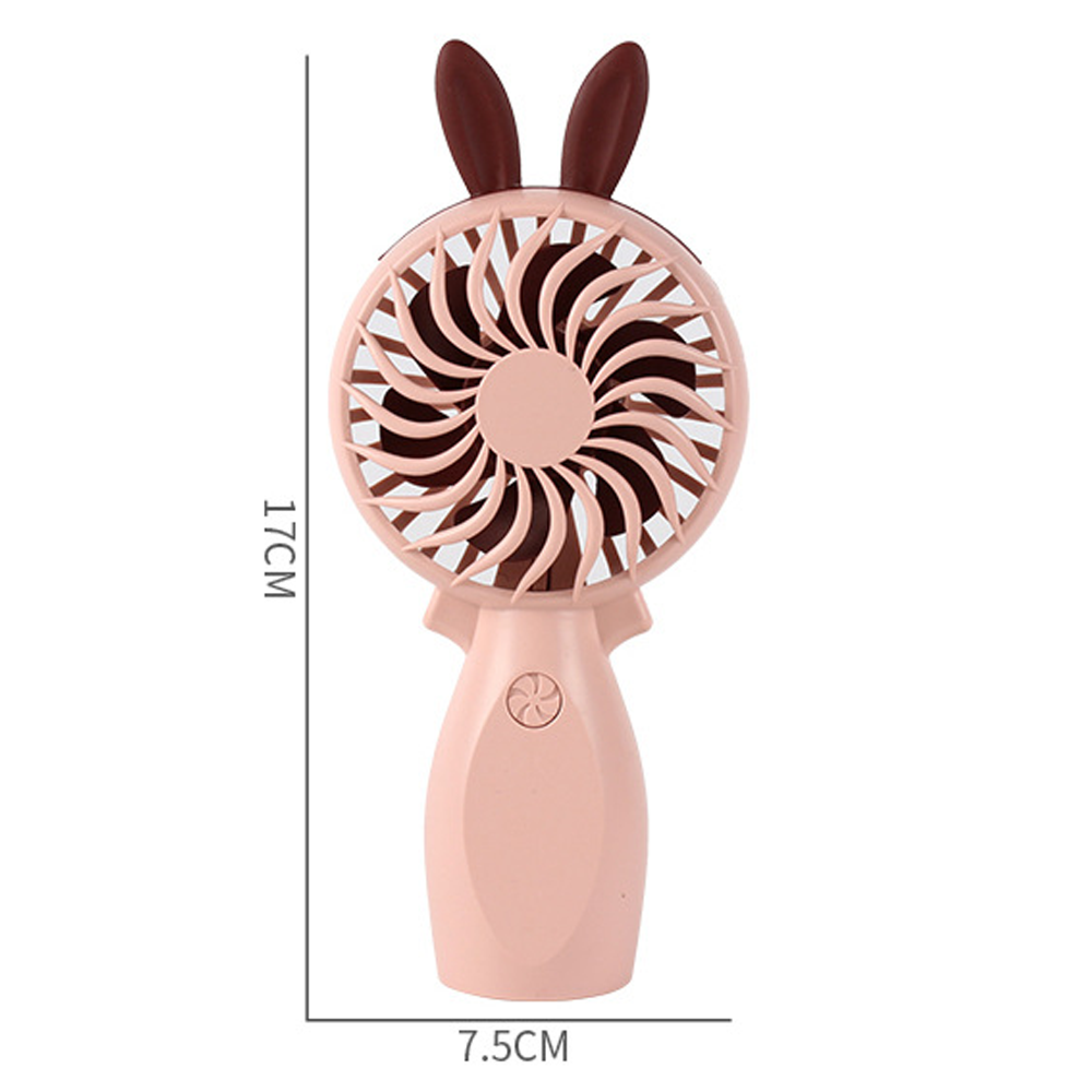Ein rosafarbener Ventilator mit braunen Hasenohren und einem Griff.