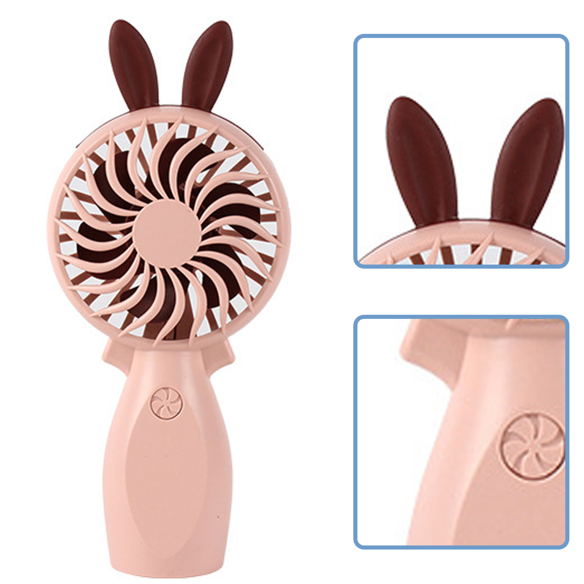 Ein rosa Ventilator mit braunen Hasenohren und einem runden Griff.