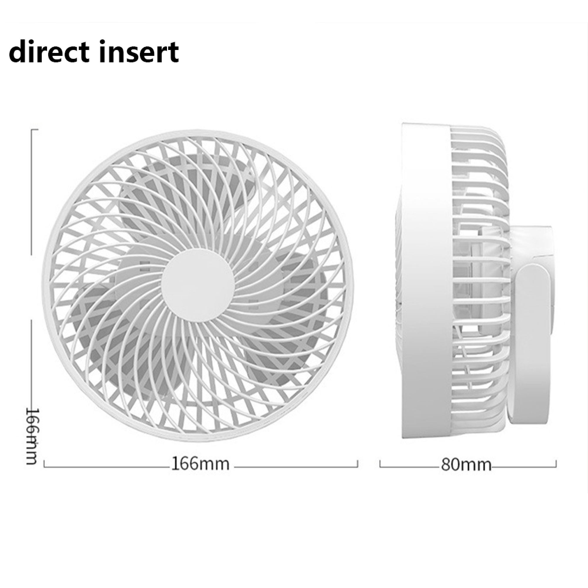 Ein weißer Ventilator von vorne und von der Seite mit Maßen.