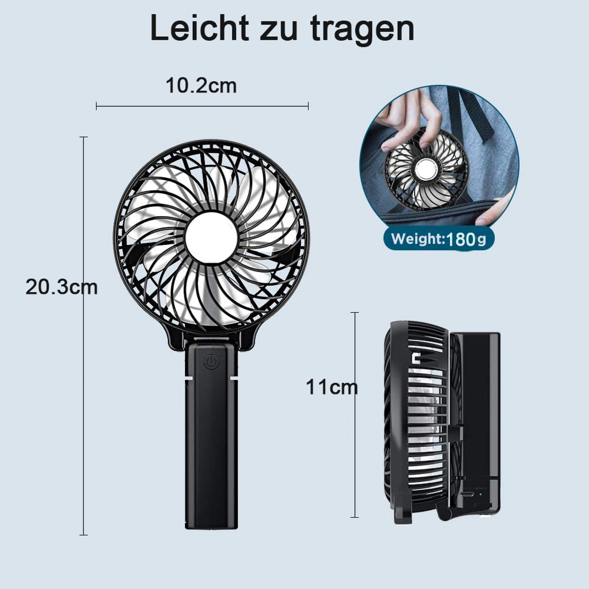 Ein schwarzer tragbarer Ventilator mit Maßen und einem Gewicht von 180g.