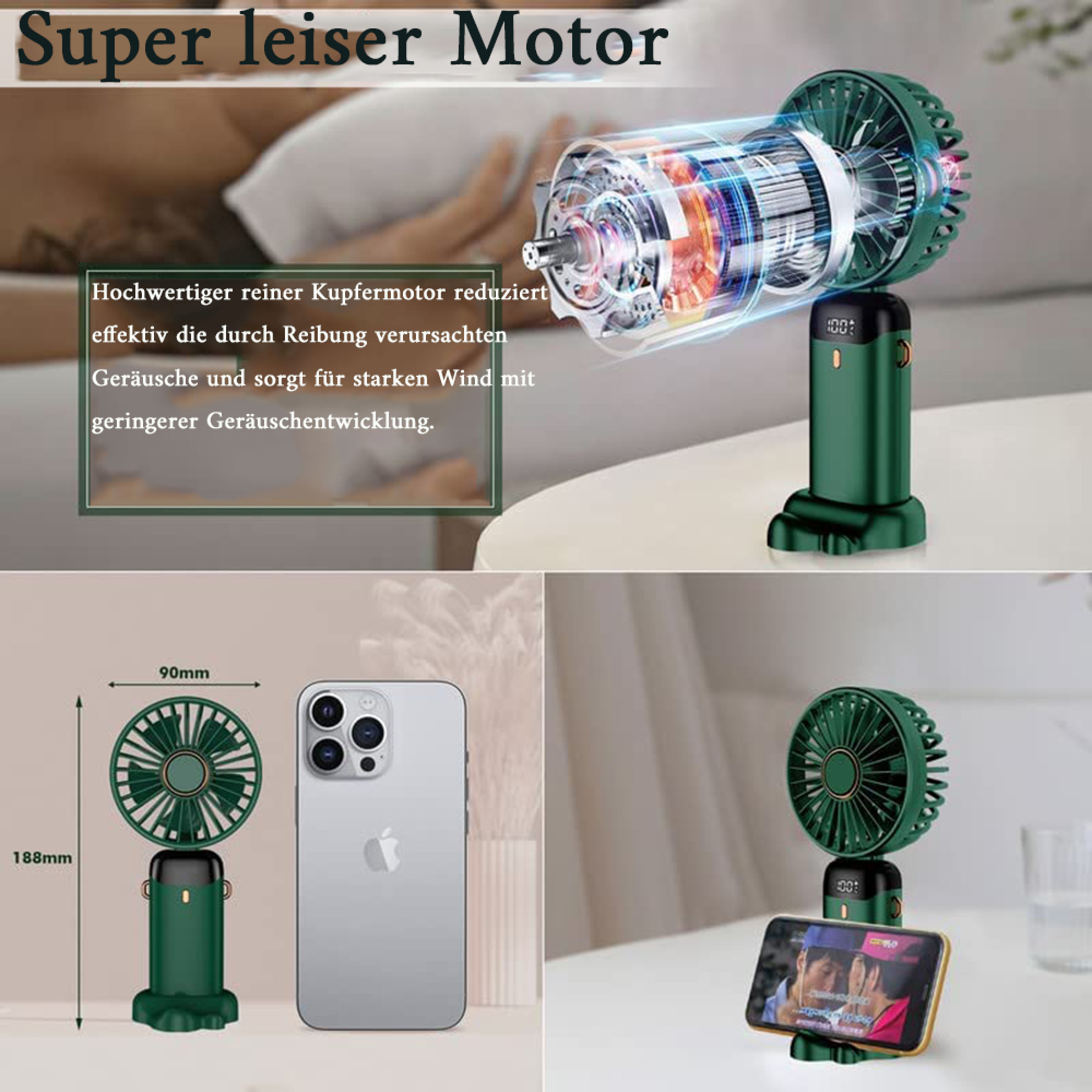 Ein grüner Mini-Ventilator mit digitaler Anzeige, neben einem Smartphone.