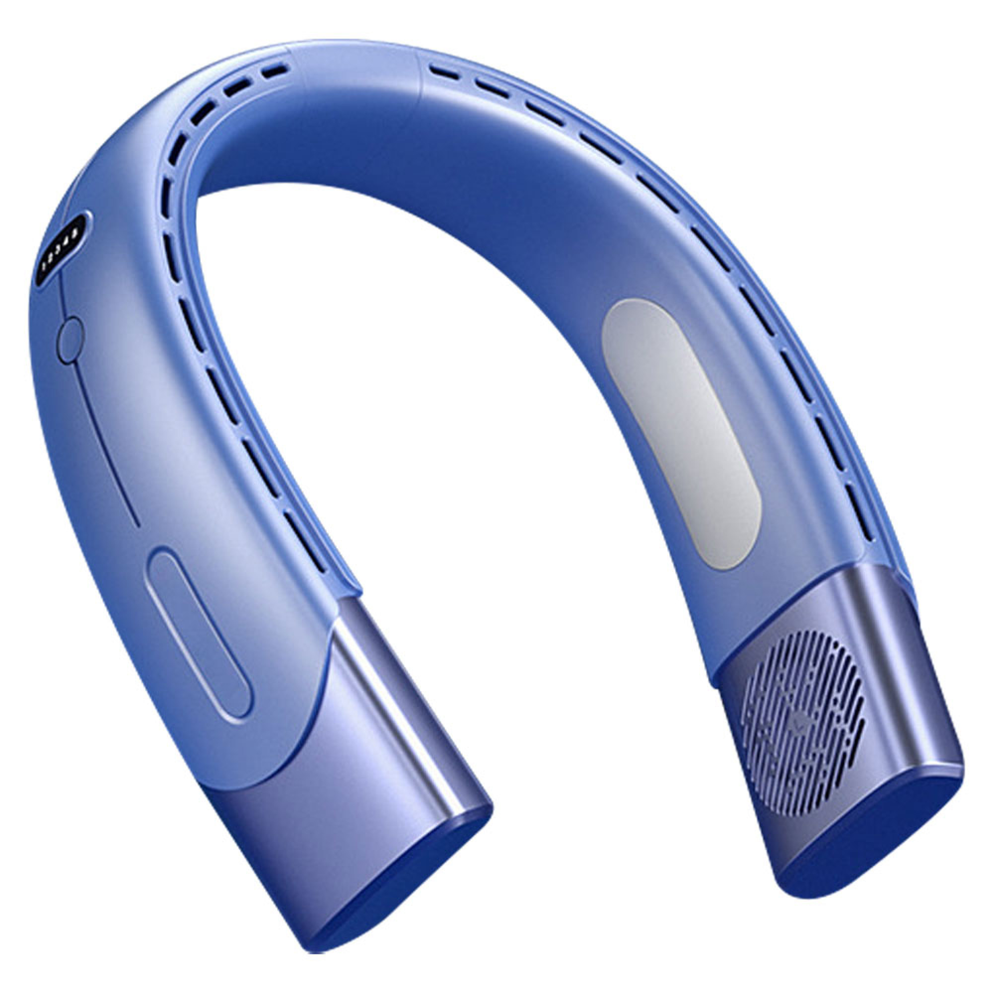 Ein blauer Nackenventilator mit Lüftungsschlitzen und Metallakzenten.