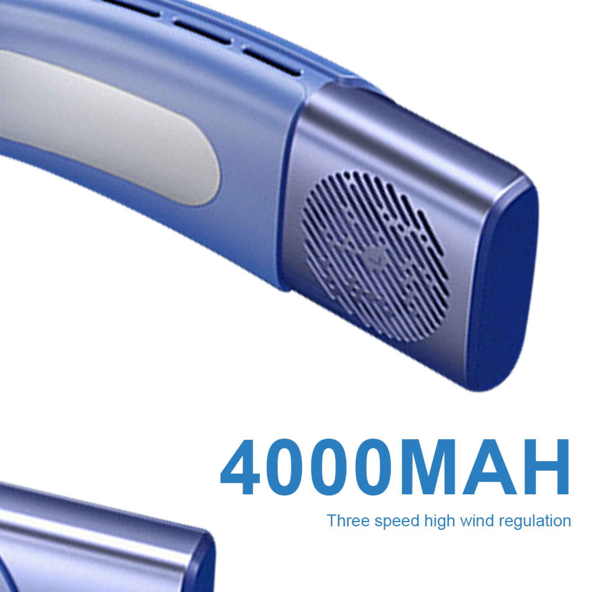 Ein blauer Lüfter mit 4000 mAh Batterie und drei Geschwindigkeiten.