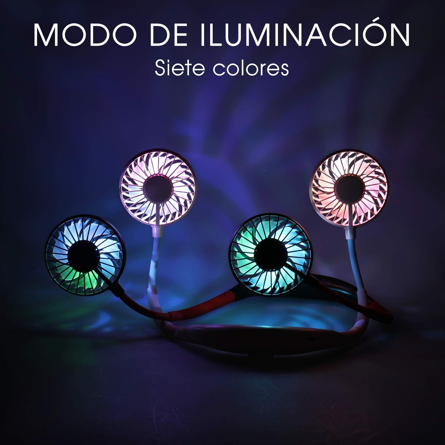 Halsventilator mit sieben Farb-LEDs leuchtet in Blau, Grün und Pink auf dunklem Hintergrund.