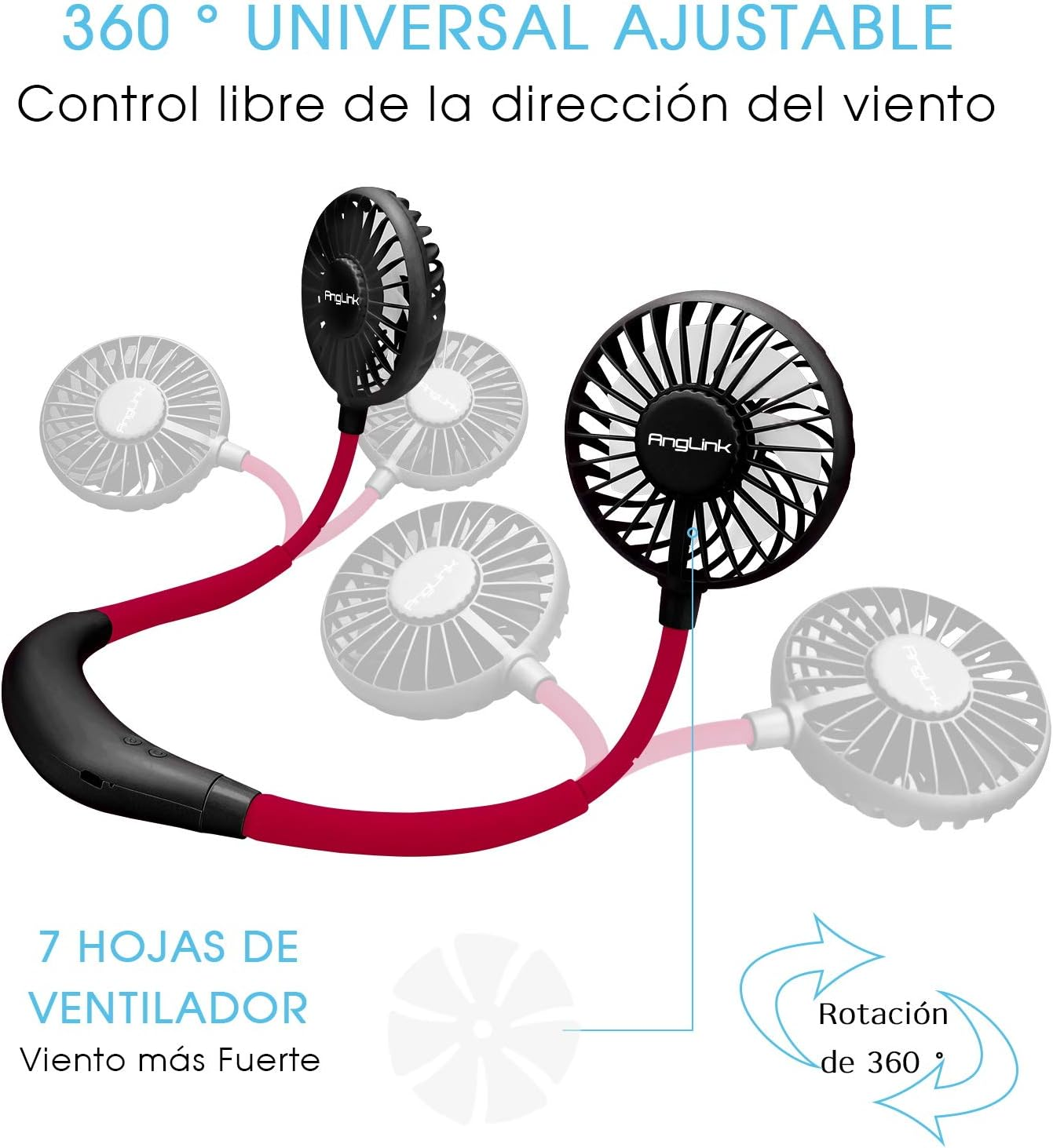 Ein Halsventilator mit zwei Lüftern und rotem Band, der auf 360 Grad drehbar ist.