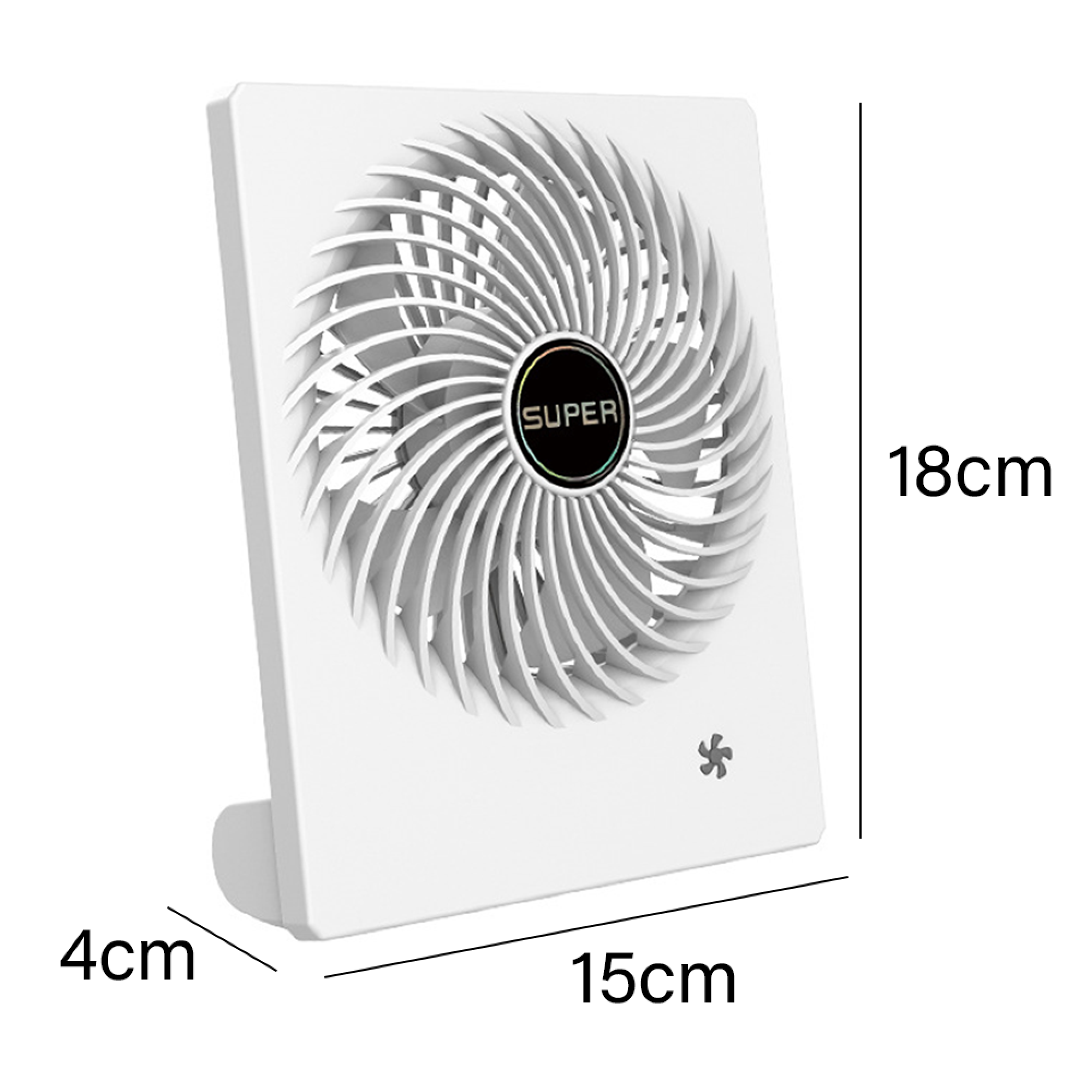 Ein weißer Ventilator mit kreisförmigen Lamellen und dem Logo „SUPER“.