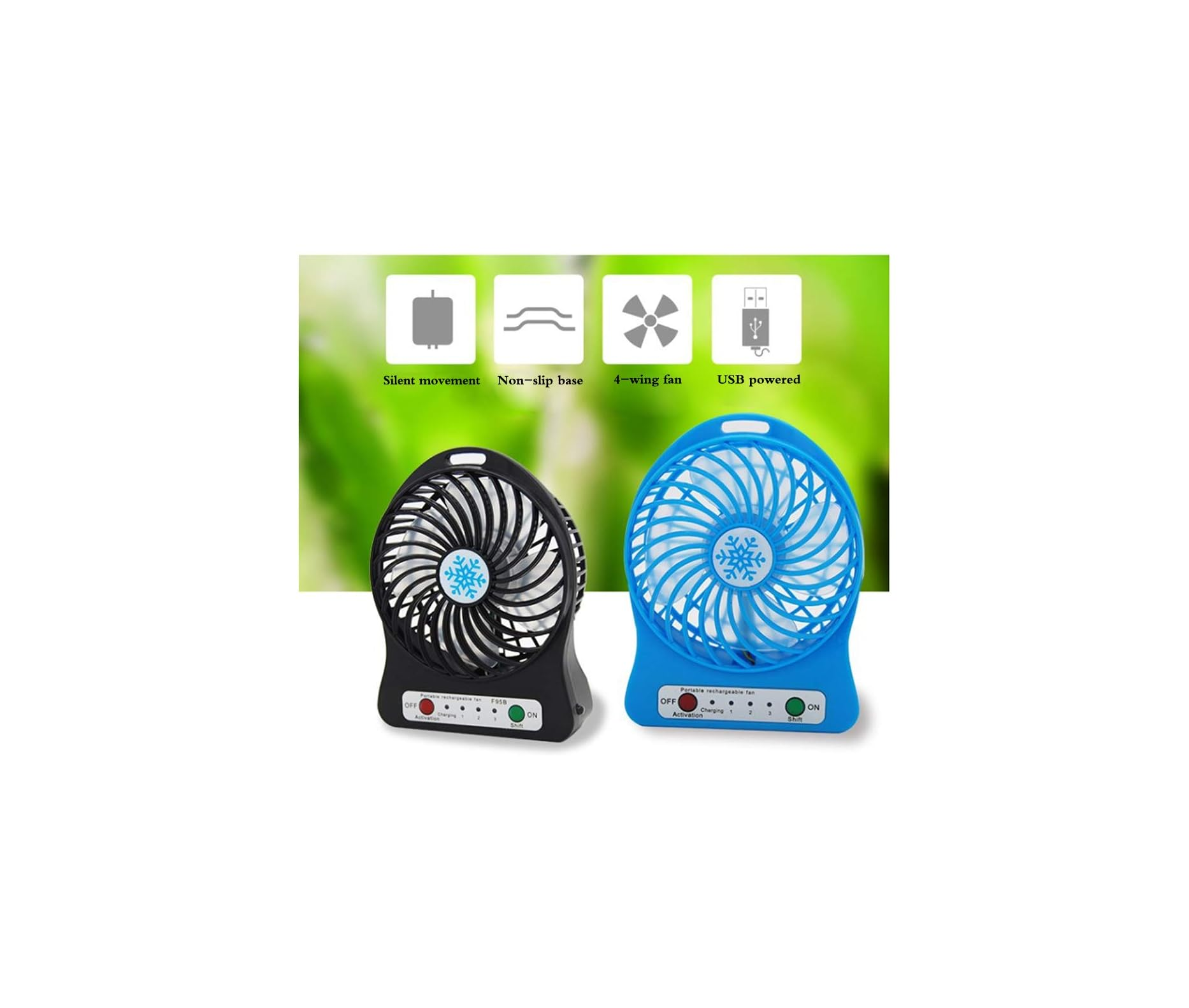 Zwei tragbare Ventilatoren, ein schwarzer, ein blauer, mit Symbolen für leise Bewegung, rutschfeste Basis, 4-Flügel-Ventilator, USB-betrieben.