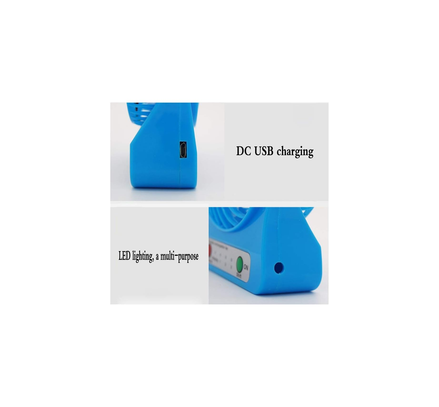 Blauer Lüfter mit USB-Anschluss und LED-Anzeige.