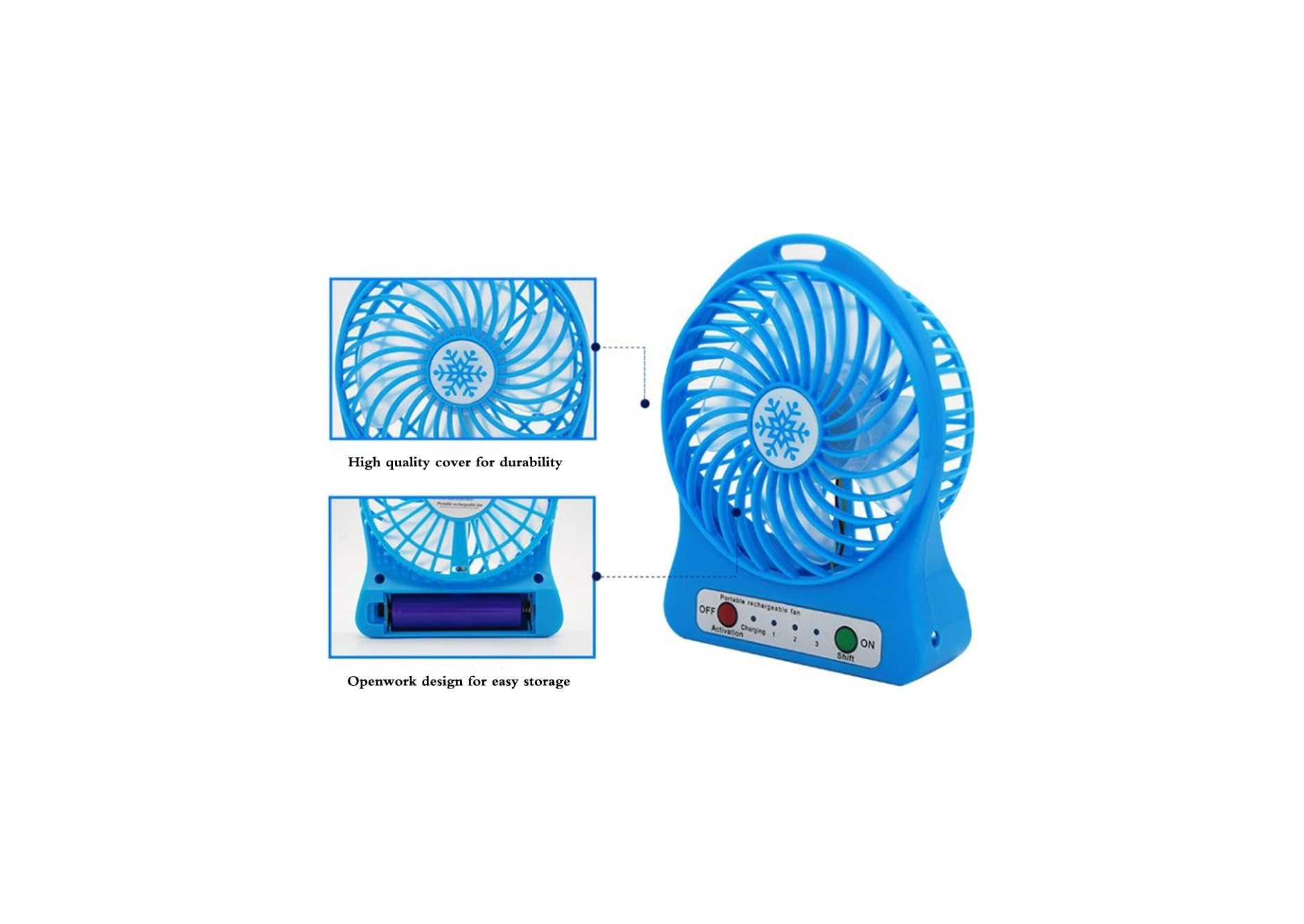 Ein blauer tragbarer Ventilator mit snowflake-Logo, Schaltern und Ladeanzeige.