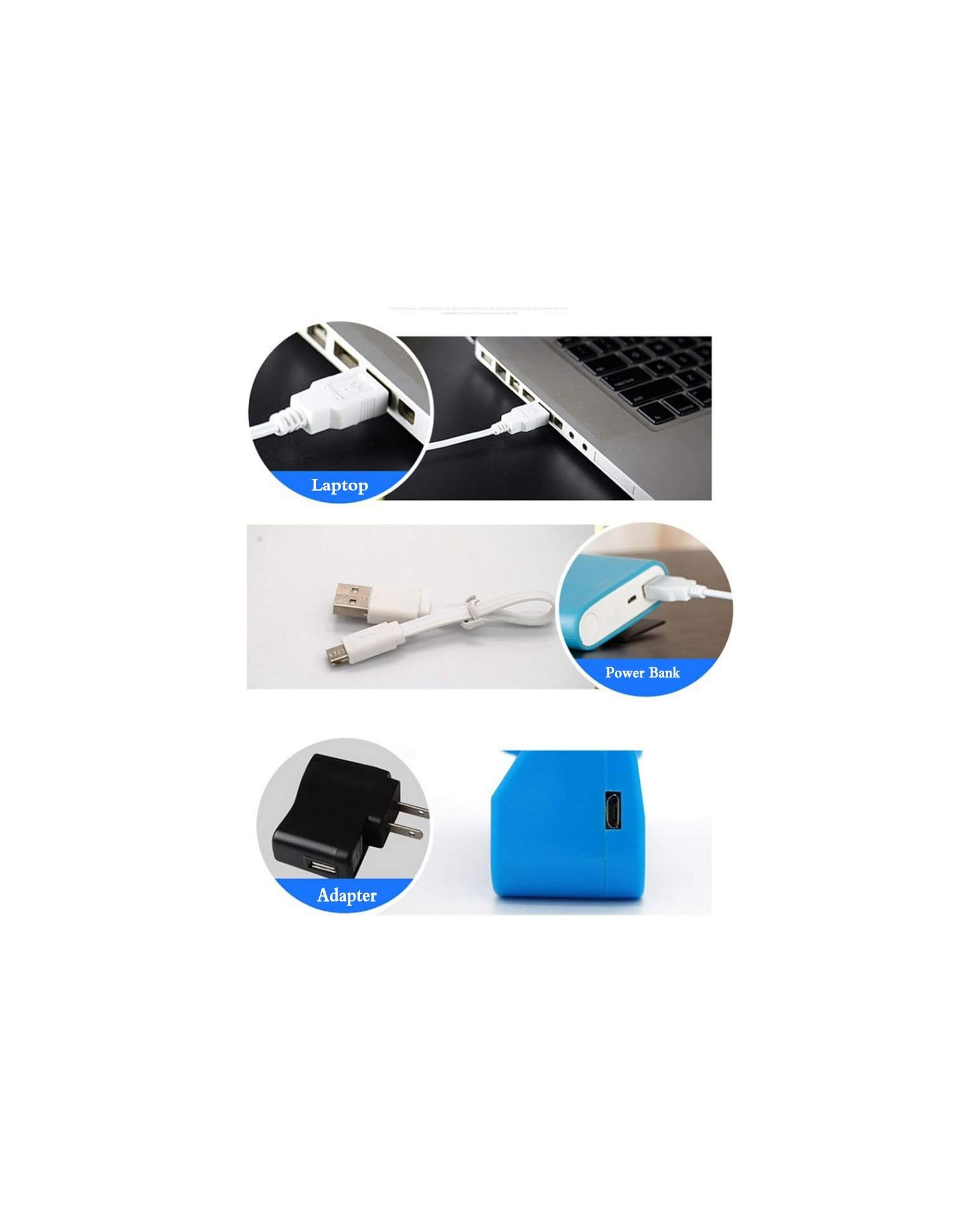 Ein USB-Kabel wird in einen Laptop, eine Powerbank und einen Adapter gesteckt.