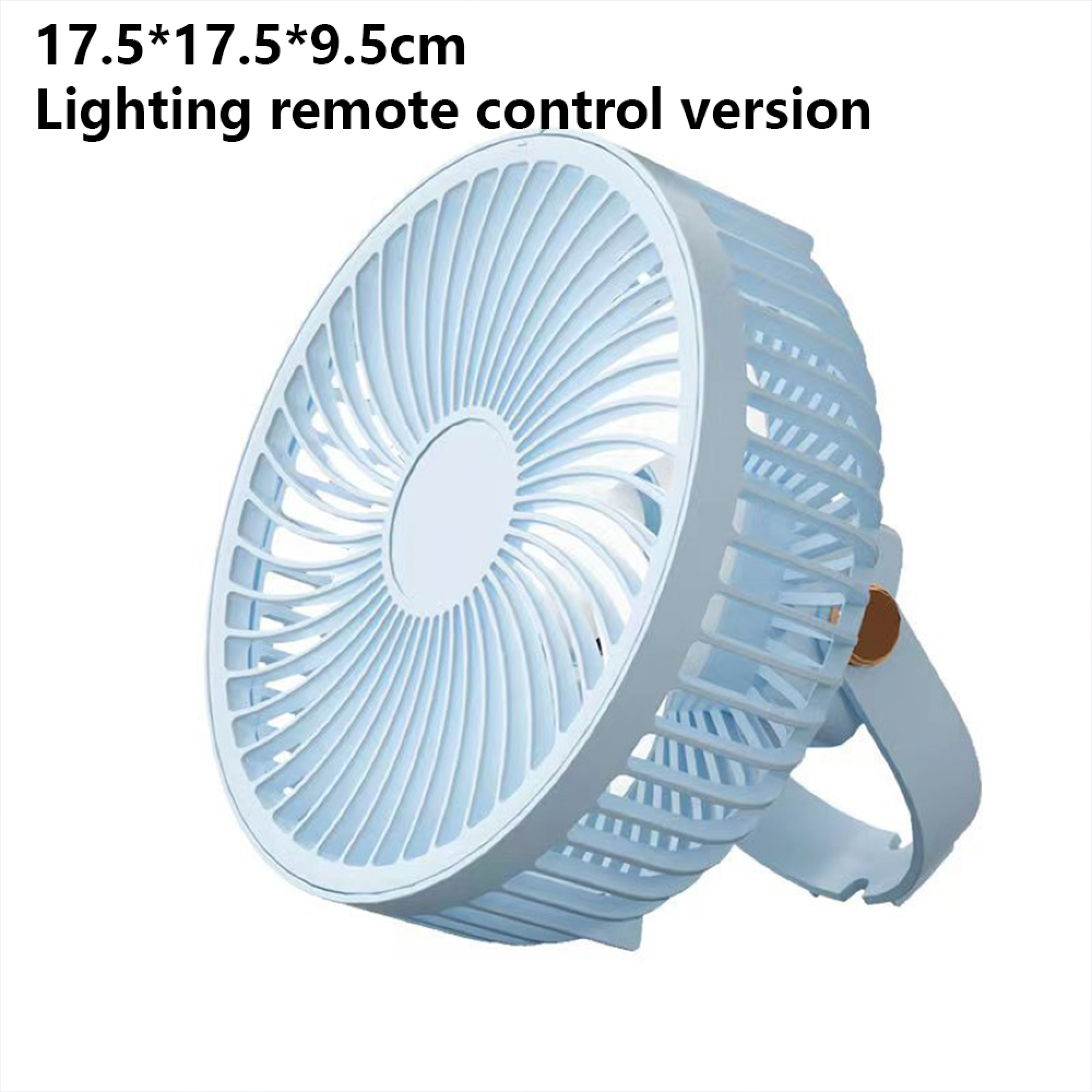 Ein hellblauer Ventilator mit Gitter und Ständer.