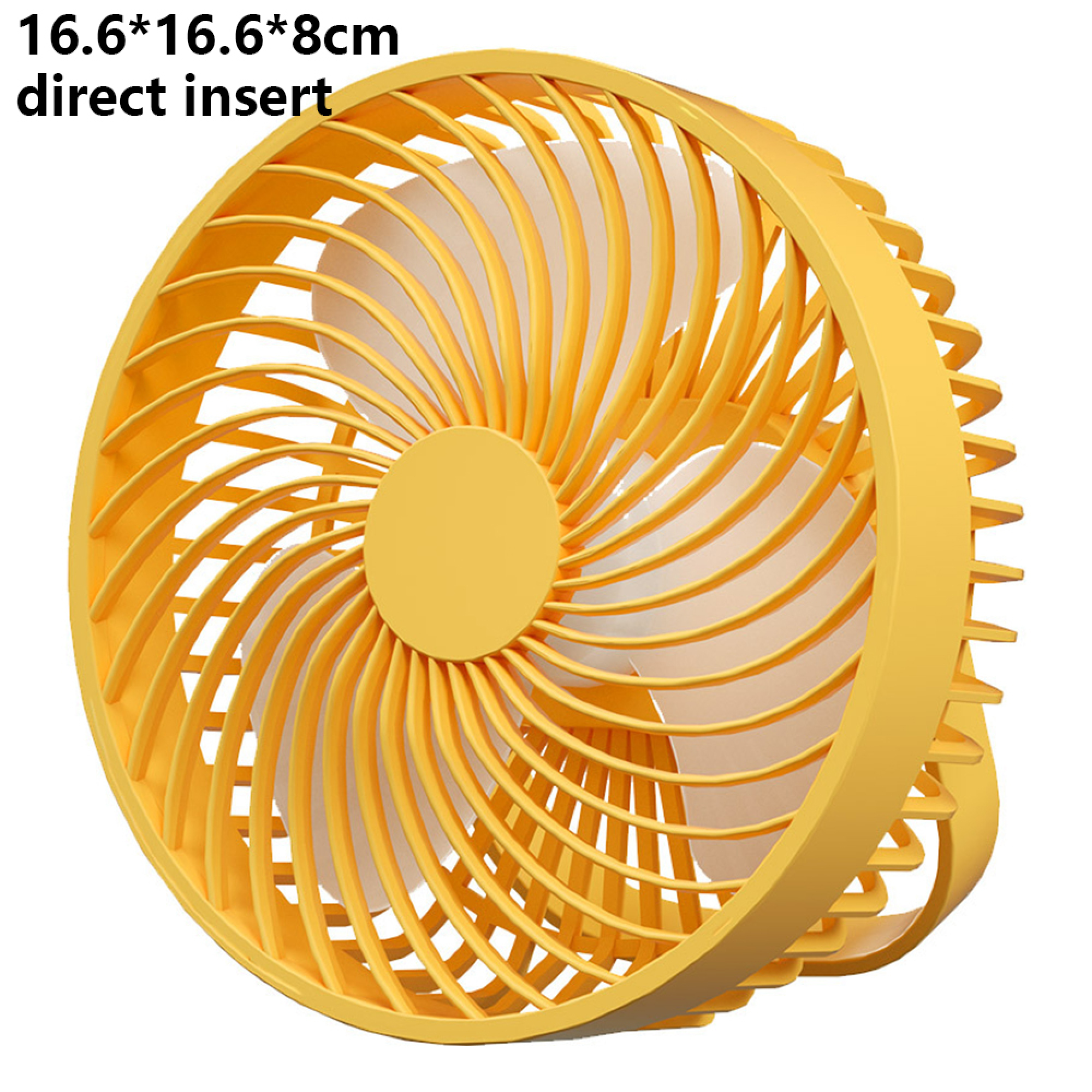 Ein gelber Ventilator mit weißen Flügeln und einem runden Mittelteil.