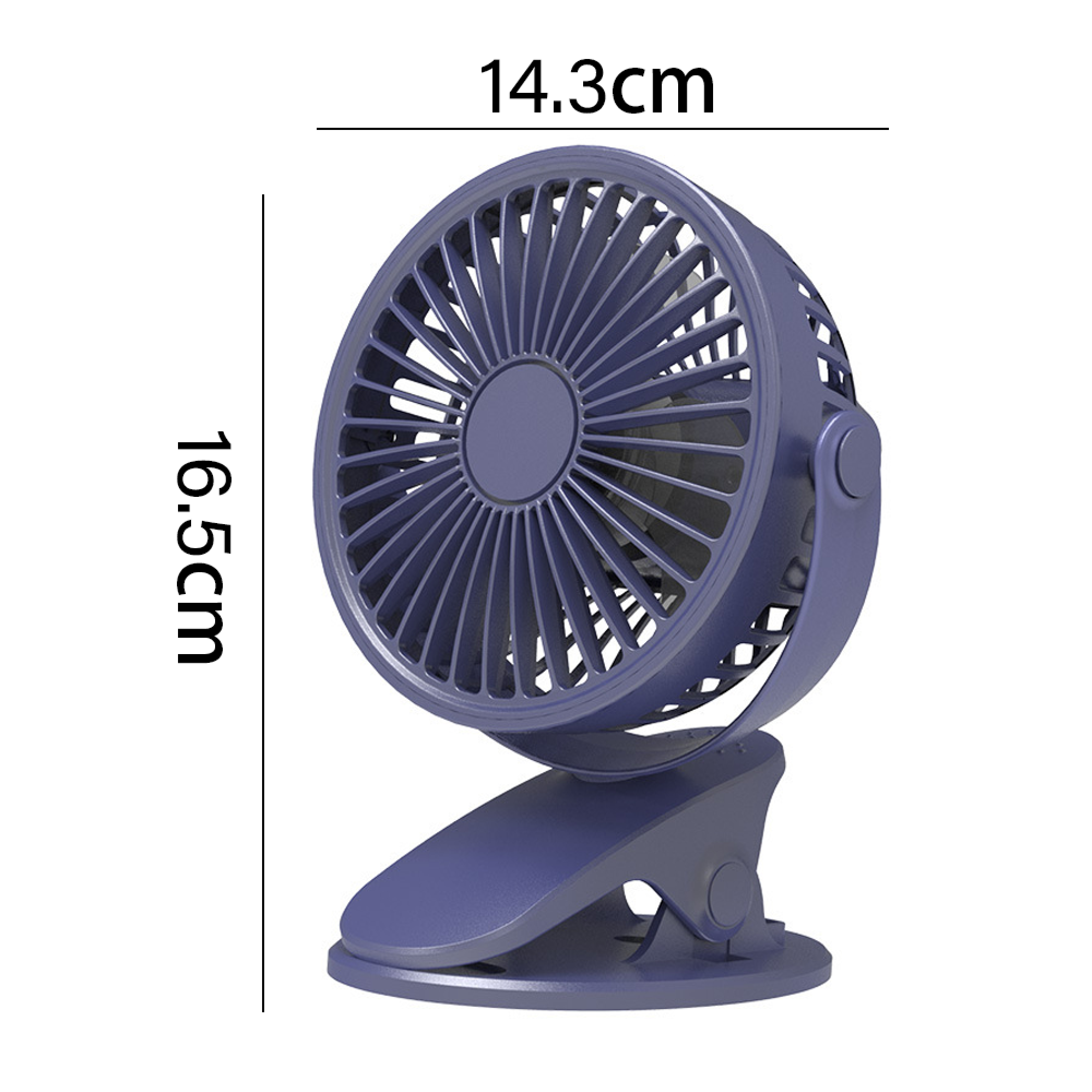 Ein kleiner, violetter Ventilator mit Klippfuß. Maße: 16,5 cm hoch, 14,3 cm breit.