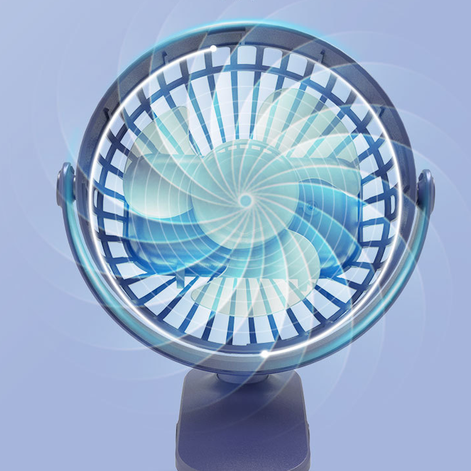 Ein blauer Ventilator mit sich drehenden Flügeln auf einem blauen Hintergrund.