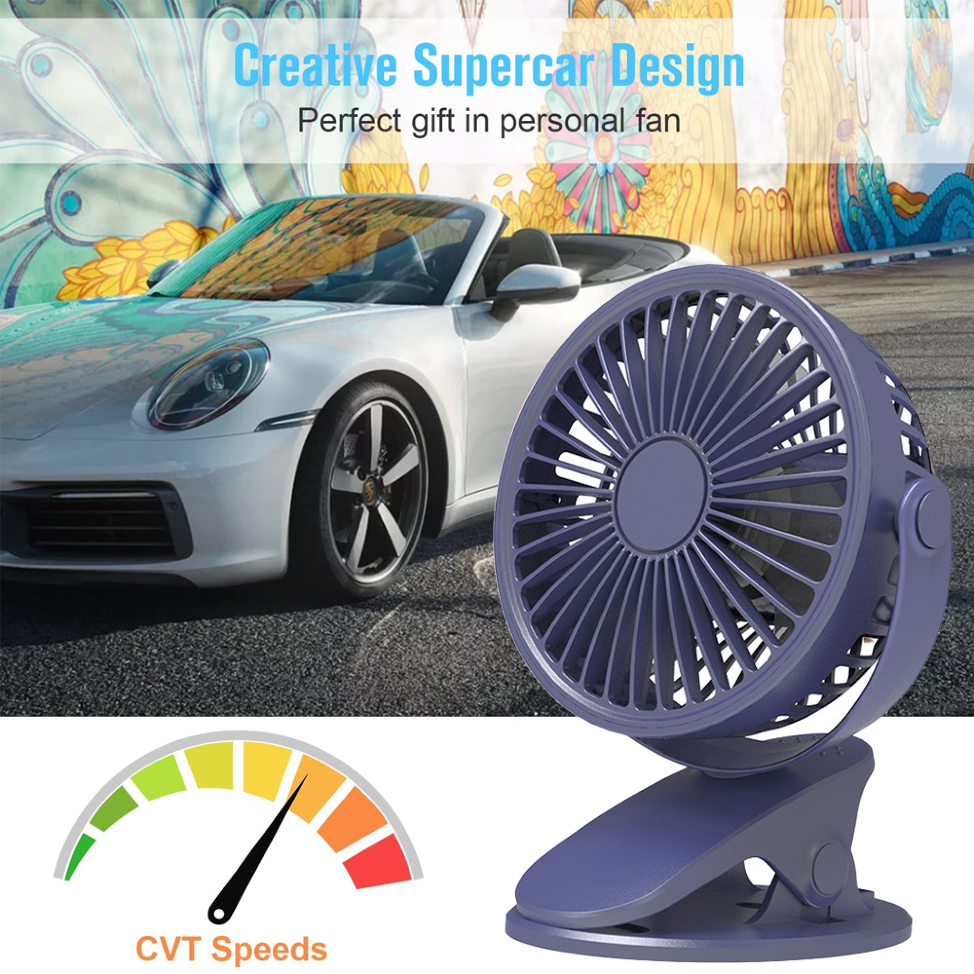 Ein violetter Clip-Ventilator wird neben einem weißen Cabrio mit farbenfroher Kunst im Hintergrund gezeigt.