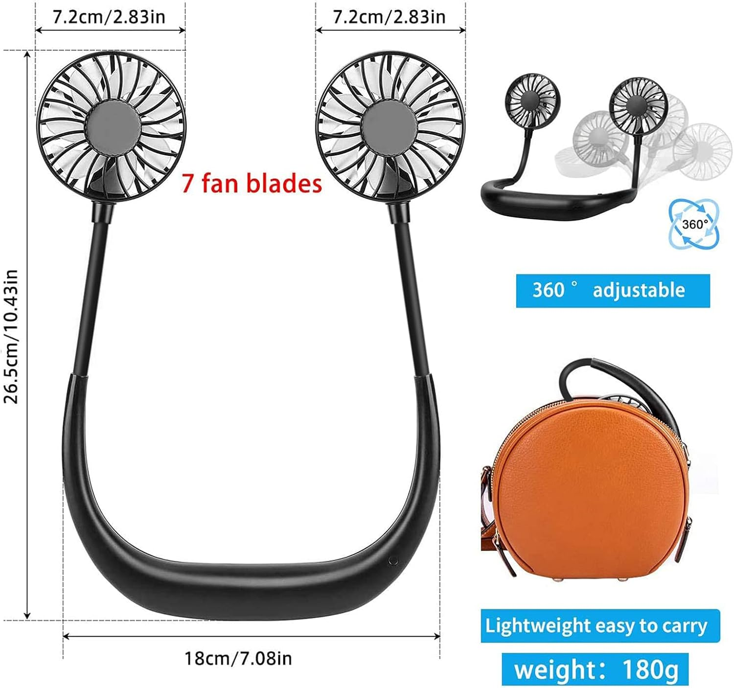 Ein tragbarer Nackenfächer mit zwei Lüftern, 7 Rotorblättern, 360 Grad verstellbar, 180g leicht.
