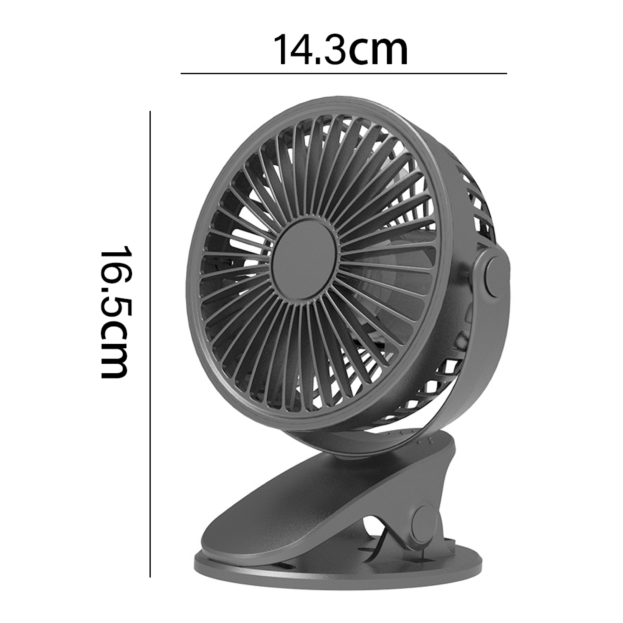 Ein kleiner grauer Ventilator mit Klemmfuß. Maße: 14,3cm x 16,5cm.