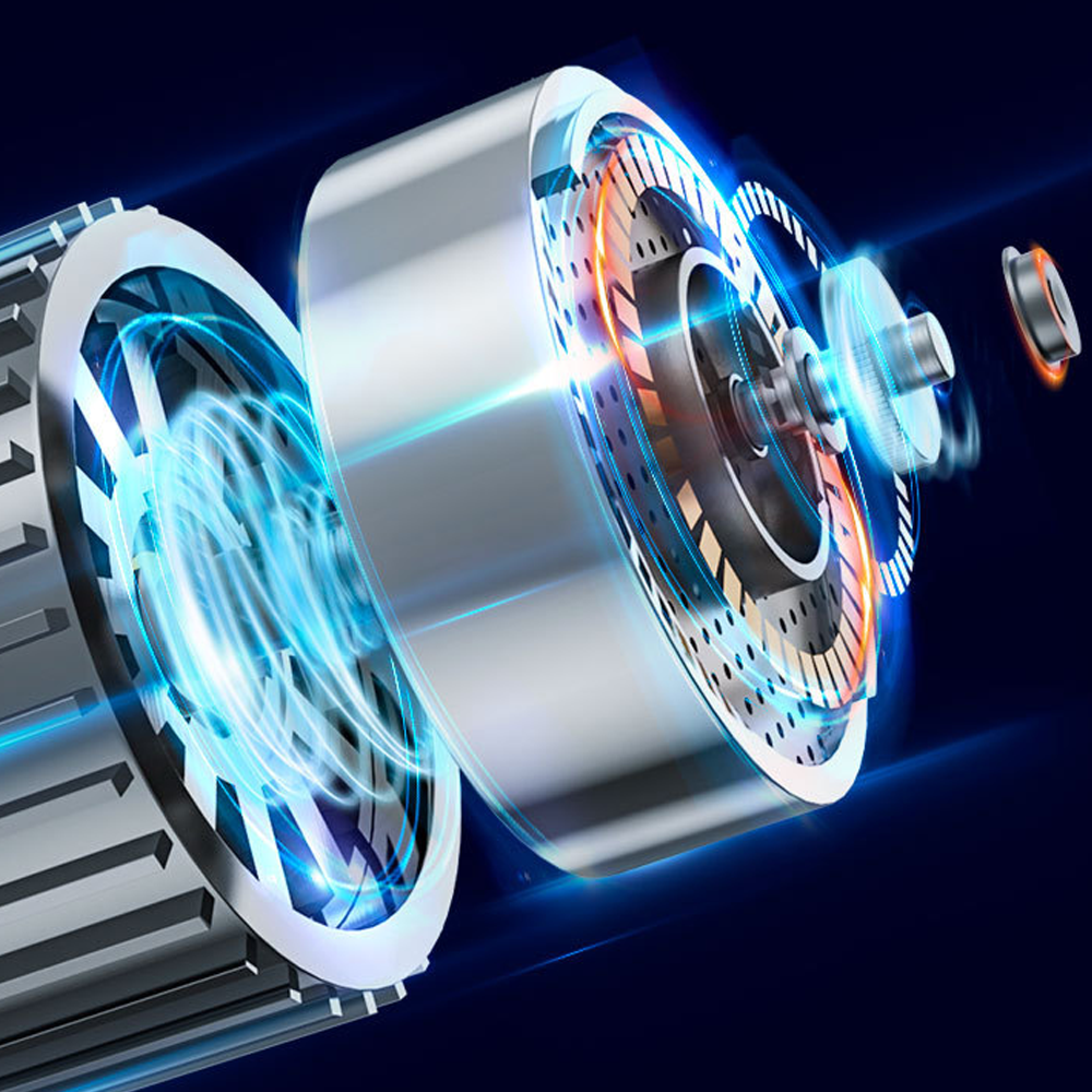 Explodierte Ansicht eines Motors mit leuchtend blauen und orangen Akzenten.