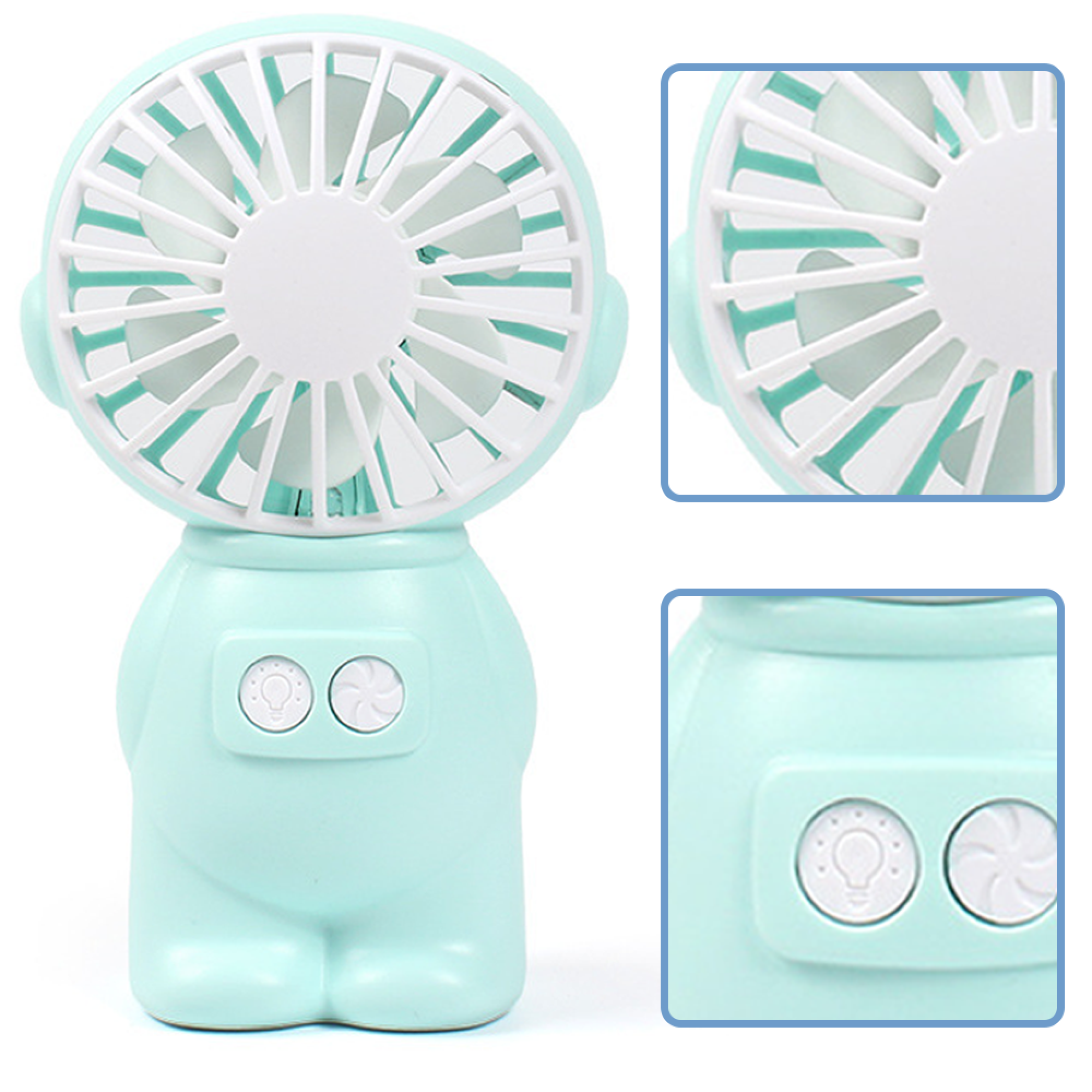 Ein hellgrüner Mini-Ventilator in Bärenform mit weißen Lüfterblättern und Knöpfen.