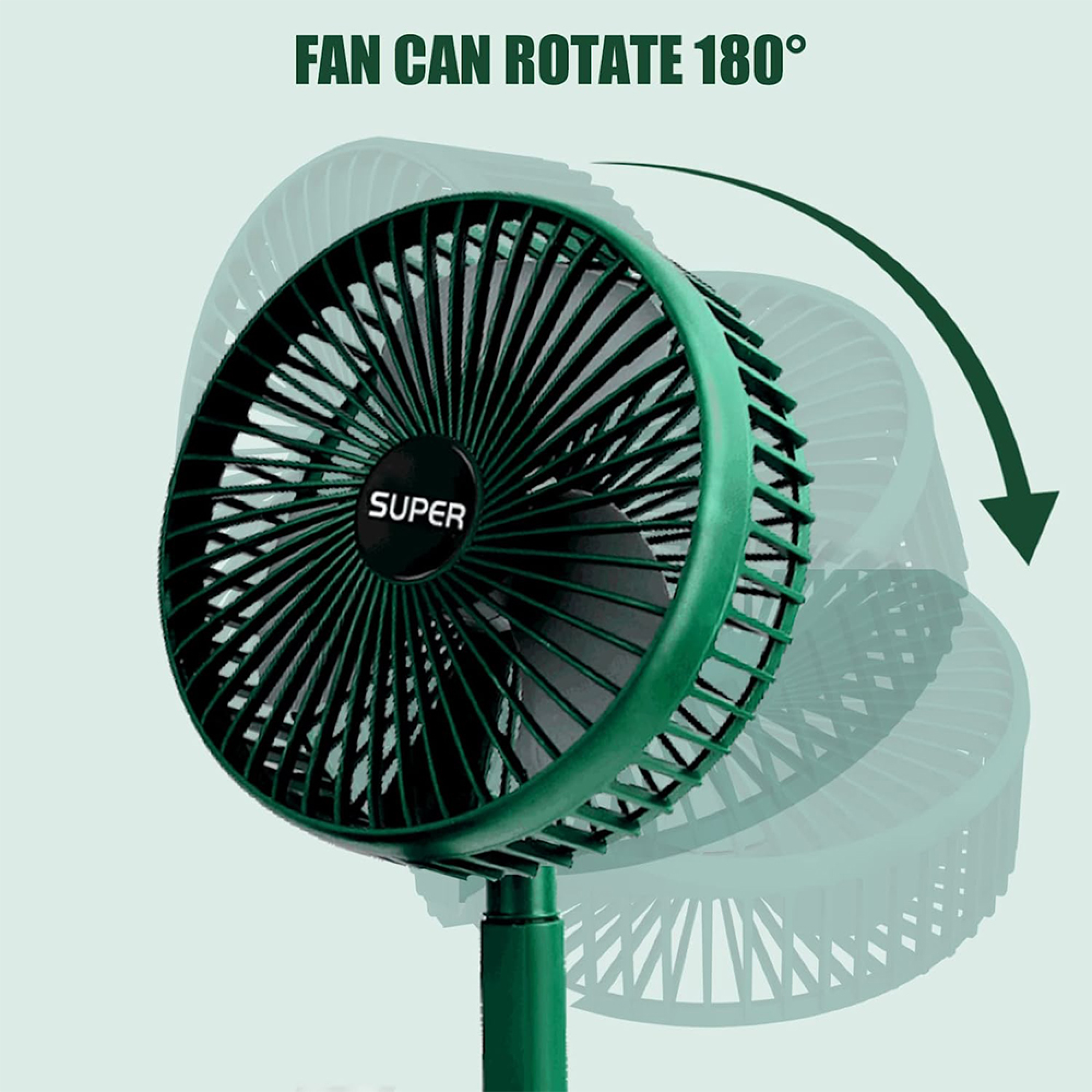 Ein grüner Ventilator mit der Aufschrift SUPER kann sich um 180 Grad drehen.