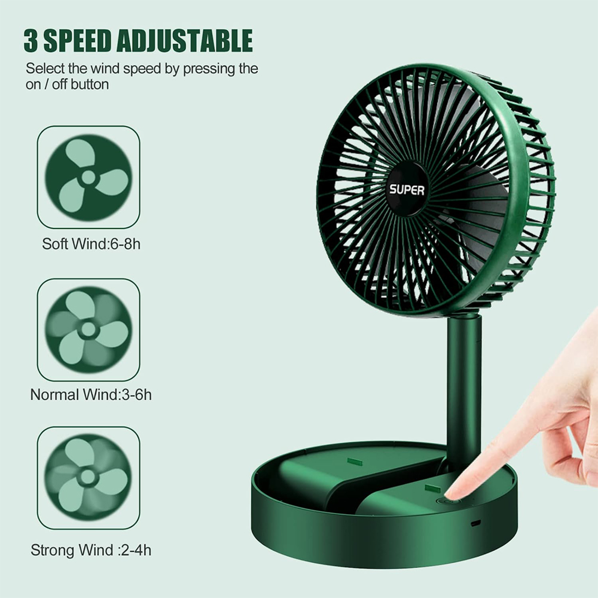 Ein grüner tragbarer Ventilator mit 3 Geschwindigkeitsstufen. Eine Hand drückt einen Knopf.