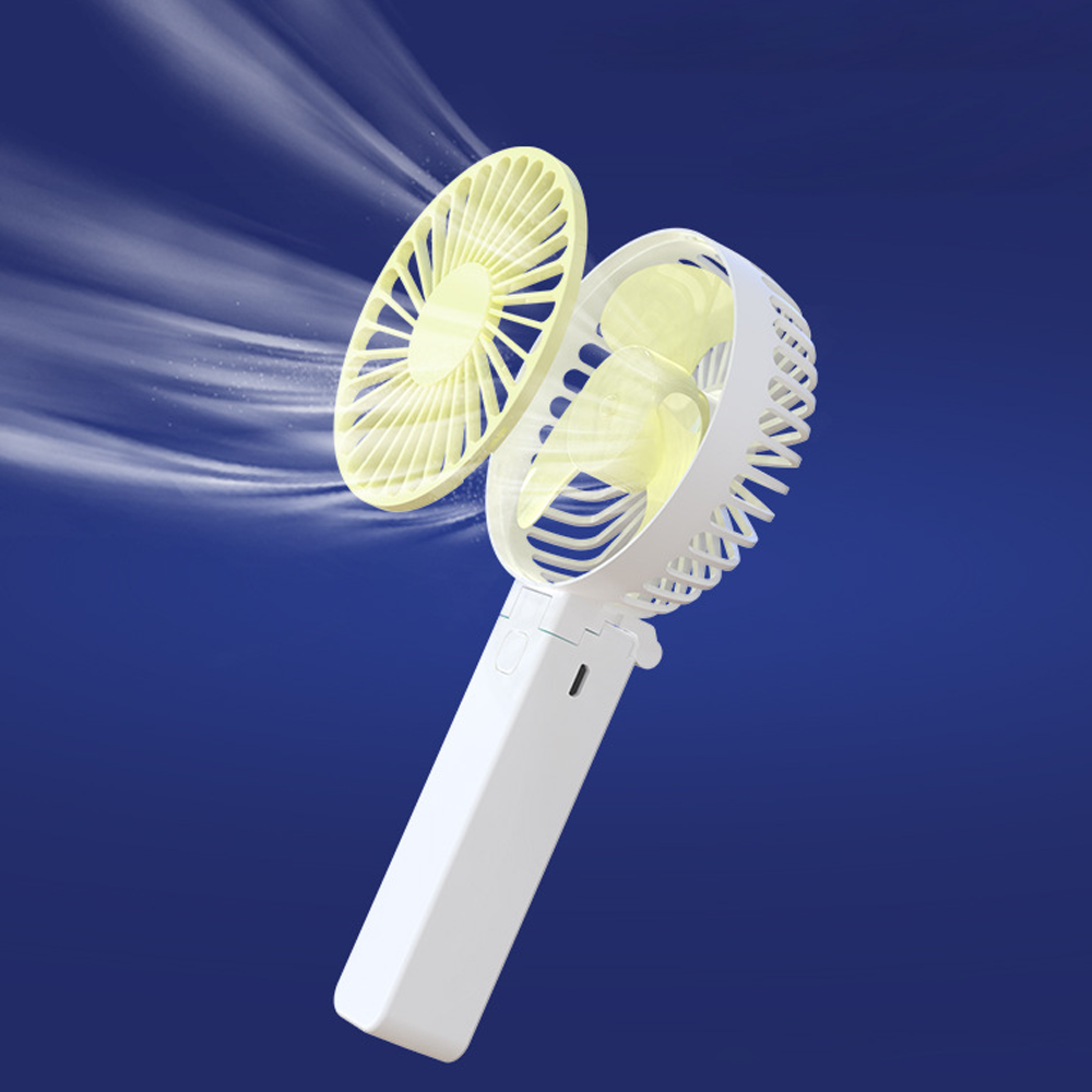Ein tragbarer weißer Ventilator mit gelbem Rotorblatt und Luftstrom vor dunkelblauem Hintergrund.